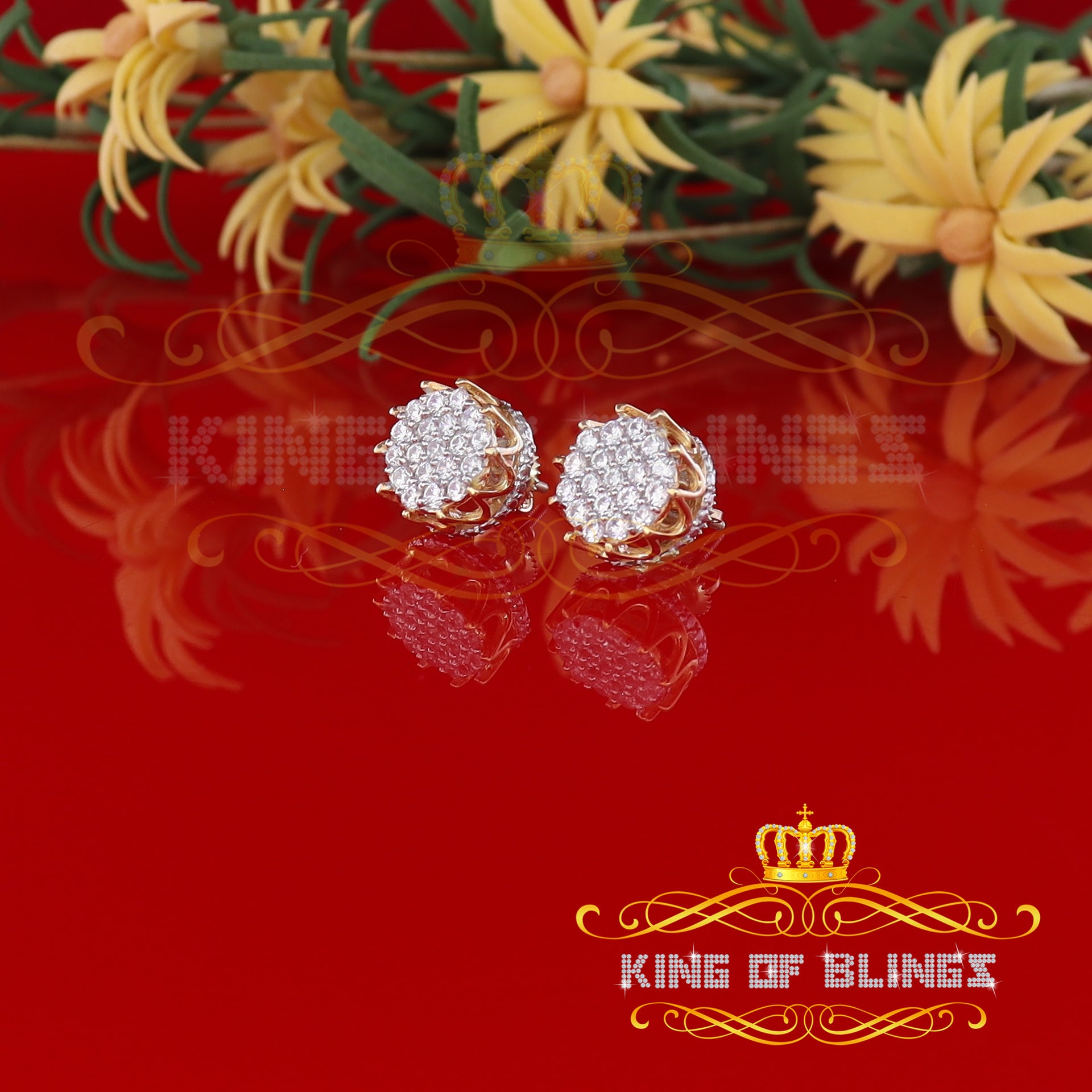 King of Bling's Hip Hop Yellow 925 Silver 2.04ct Cubic Zirconia Women's & Men's Floral Earrings KING OF BLINGS