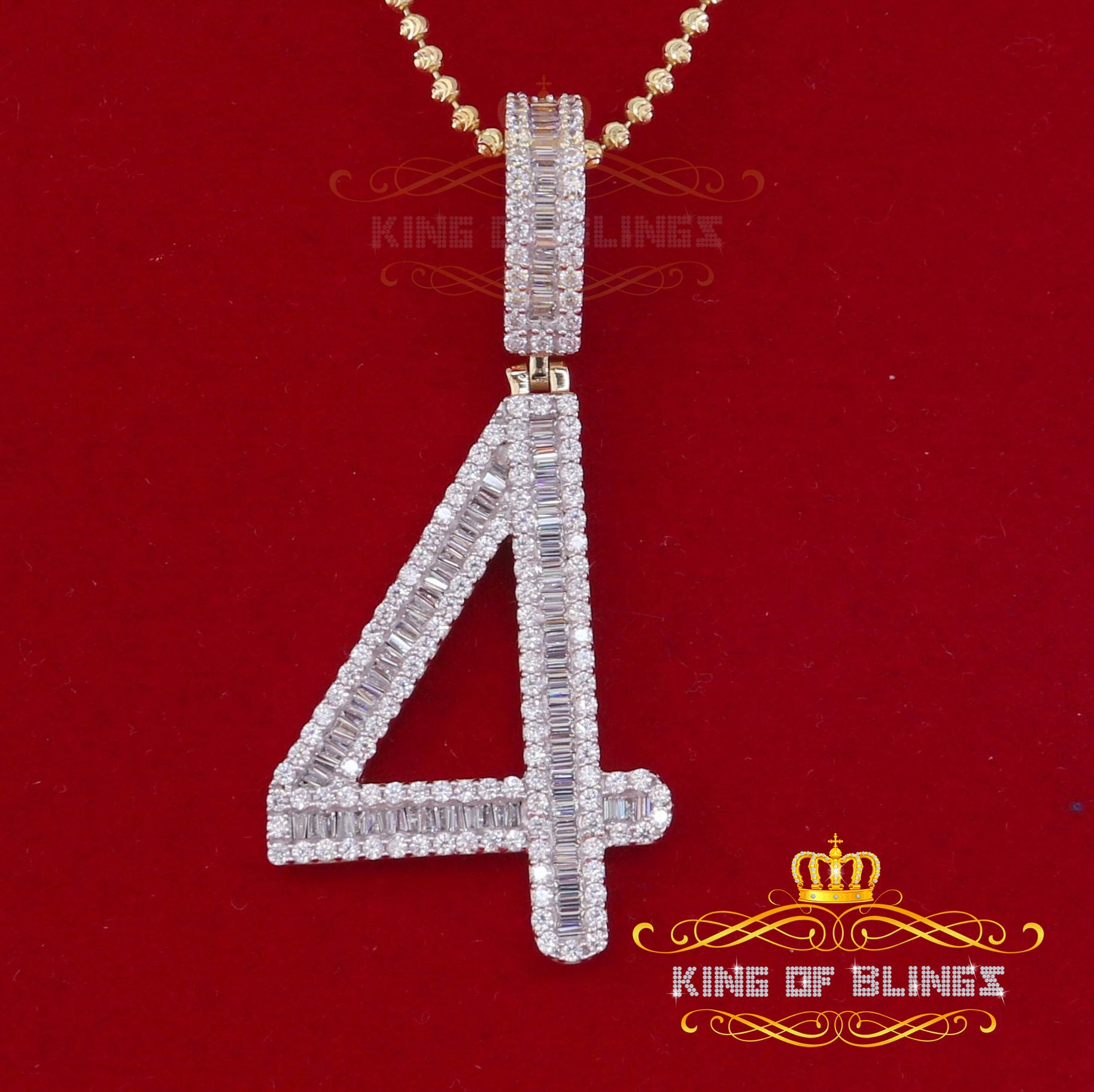 Yellow 925 Silver Baguette Numeric Number '4' Pendant 4.86ct Cubic Zirconia KING OF BLINGS