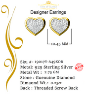 King of Blings-Aretes Para Hombre Heart 925 Yellow Silver 0.25ct Diamond Women's /Men's Earring KING OF BLINGS