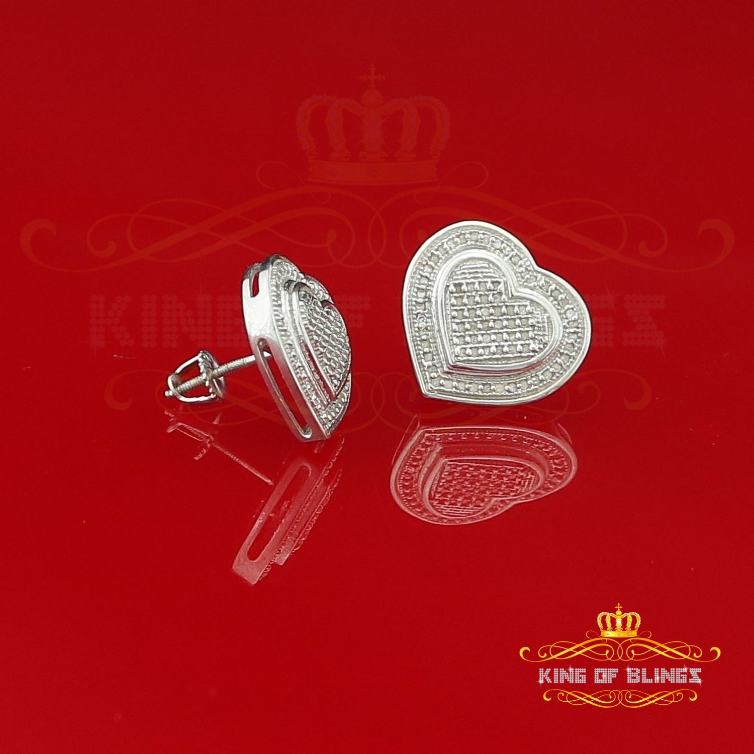 King Of Bling's Aretes Para Hombre 925 White Silver 0.33ct Diamond Women's Heart Style Earrings KING OF BLINGS