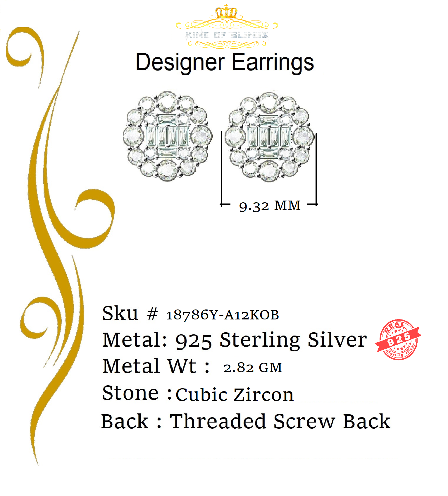 King of Bling's Aretes Para Hombre 925 Yellow Silver 1.98ct Cubic Zirconia Round Women's Earring KING OF BLINGS