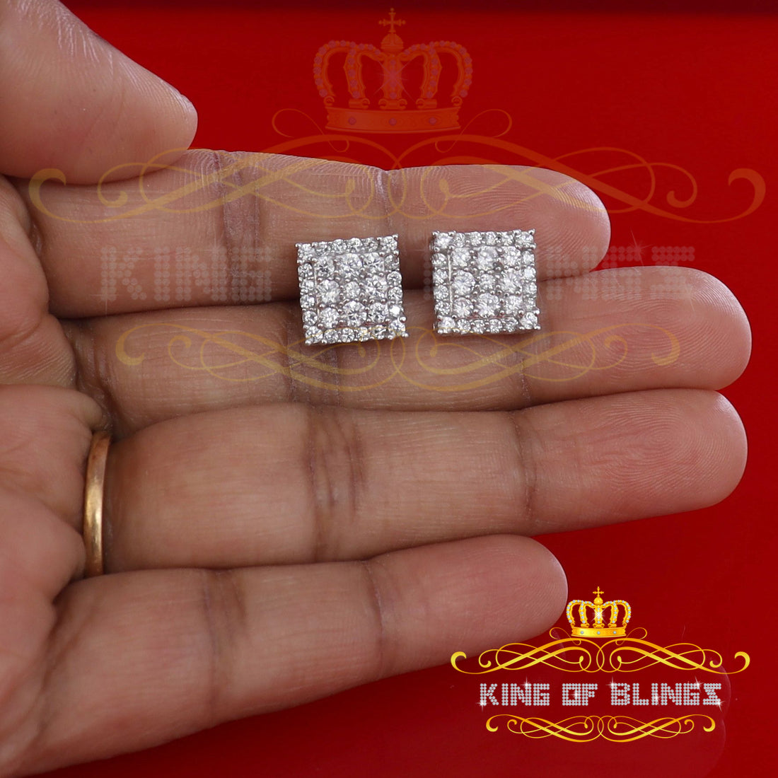 King of Blings- 925 White Sterling Silver 0.96ct Cubic Zirconia Women's & Men's Square Earrings KING OF BLINGS