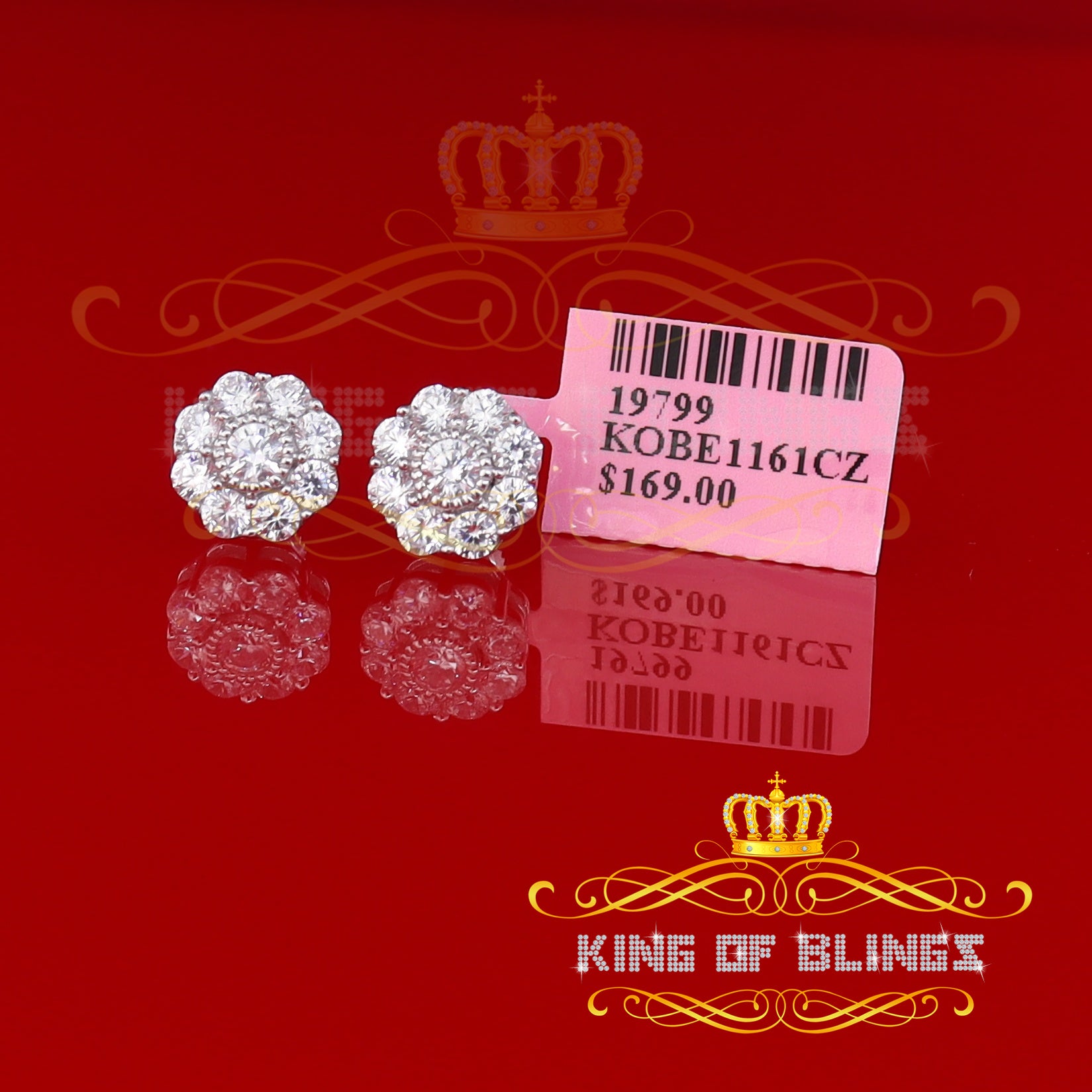 King of Blings- 925 White Sterling Silver 2.88ct Cubic Zirconia Women's Hip Hop Floral Earrings KING OF BLINGS