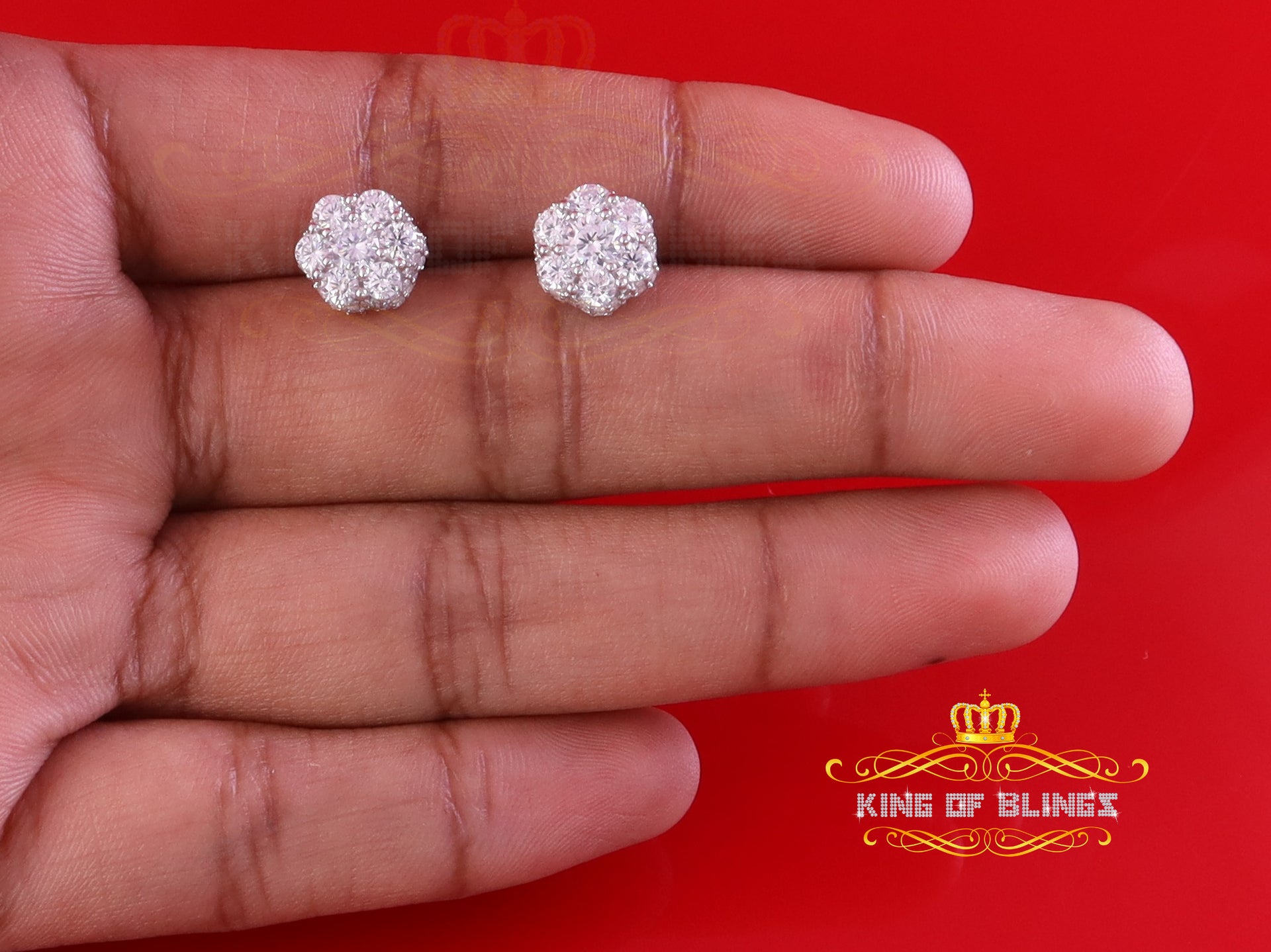 King of Blings- 1.50ct Cubic Zirconia 925 White Silver Sterling Hip Hop Floral Women's Earrings KING OF BLINGS