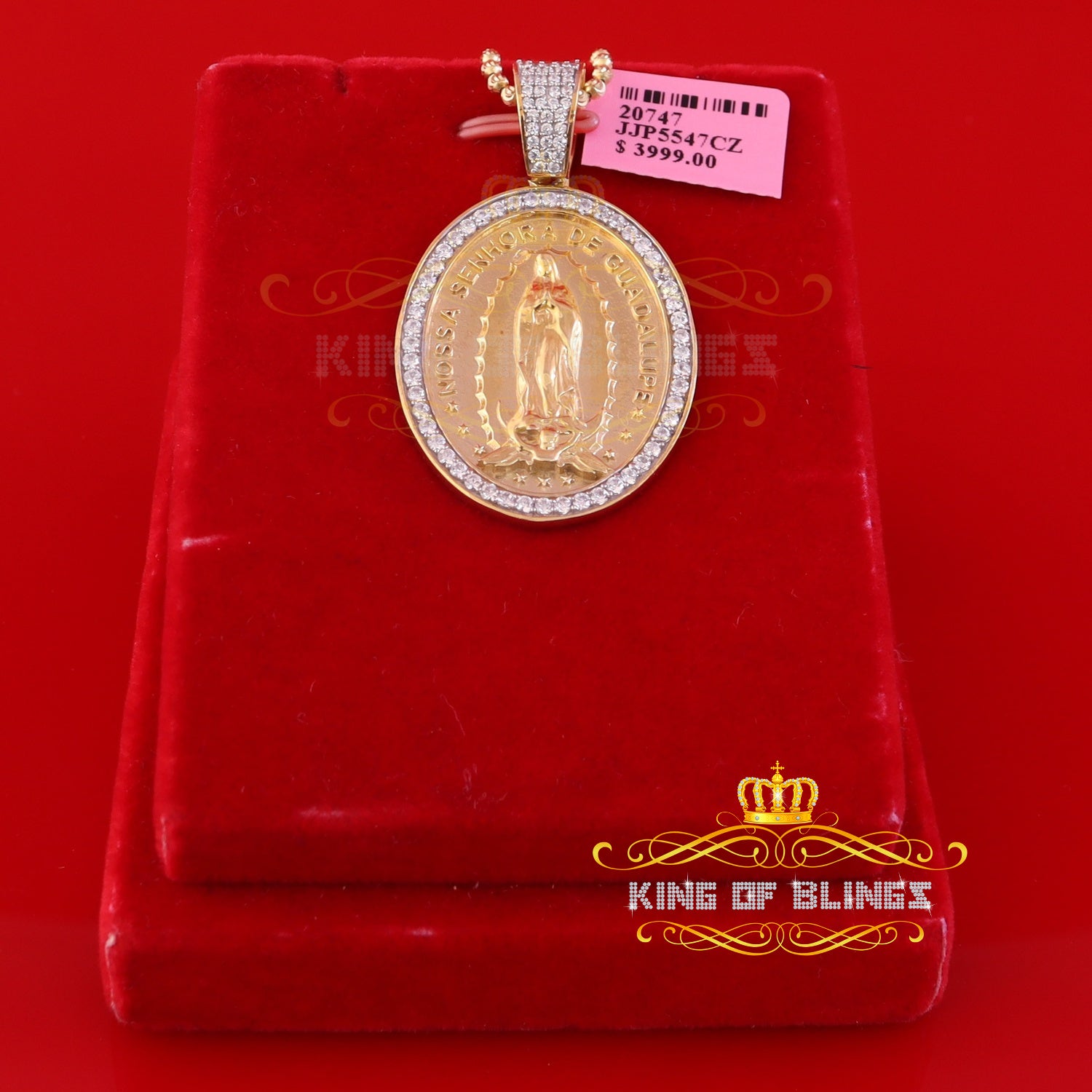 3D Oval Guadalupe Catholic Virgin Mary in CZ Yellow 925 Silver 1.63ct Pendant KING OF BLINGS