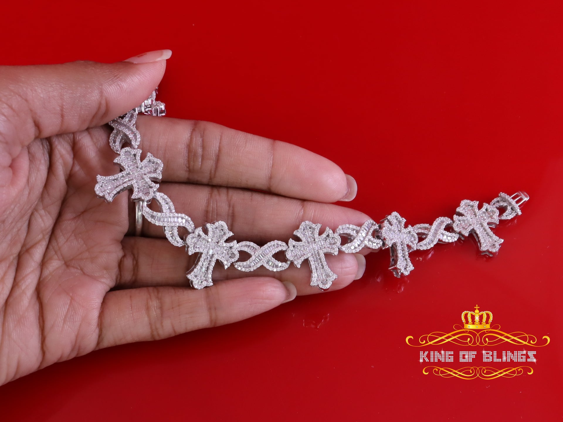 King Of Bling's 925 Silver White 9.00ct Moissanite budded cross Men's/Womens Bracelet 8 Inch. KING OF BLINGS