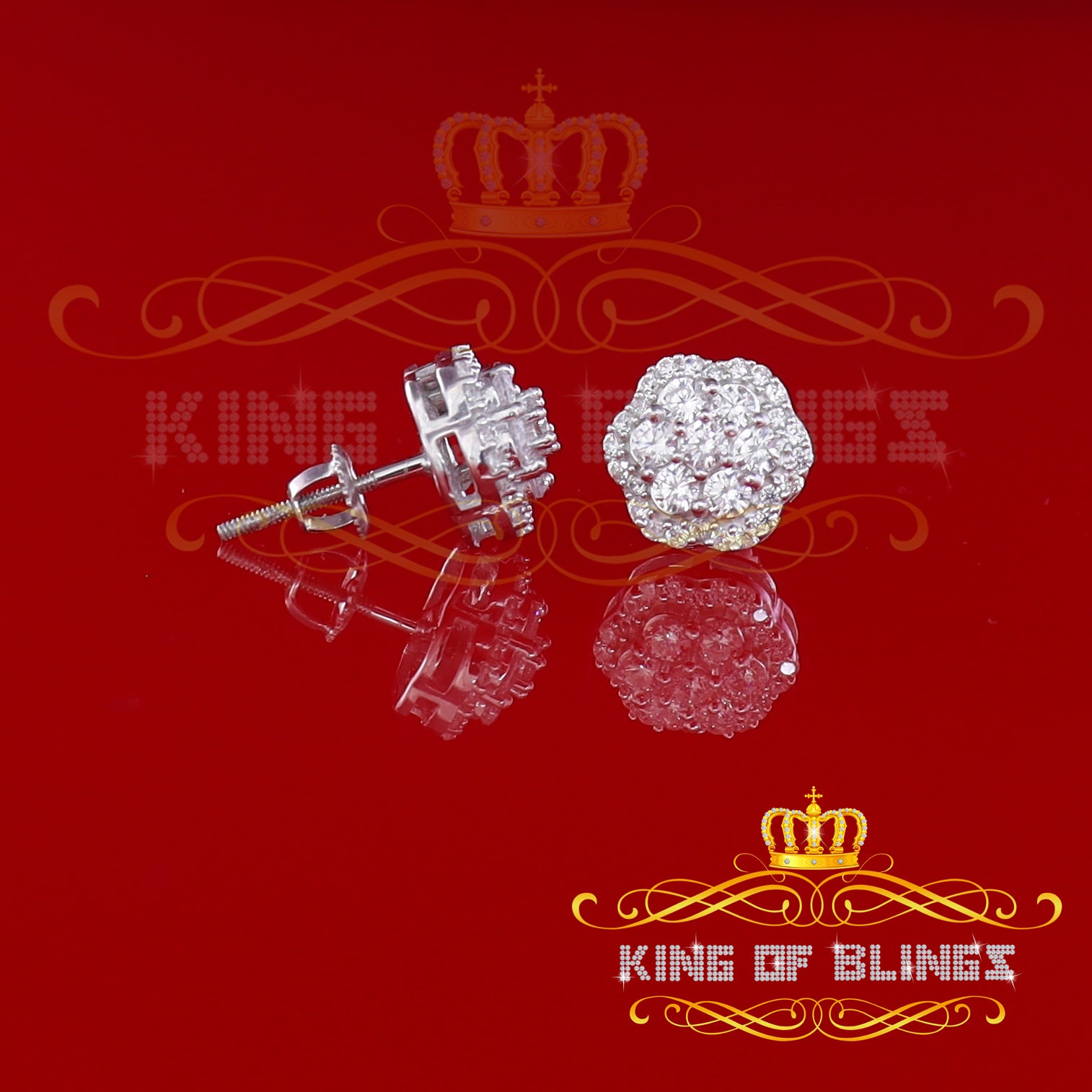 King of Blings- Aretes Para Hombre 925 White Silver 1.74ct Cubic Zirconia Flower Women's Earring KING OF BLINGS
