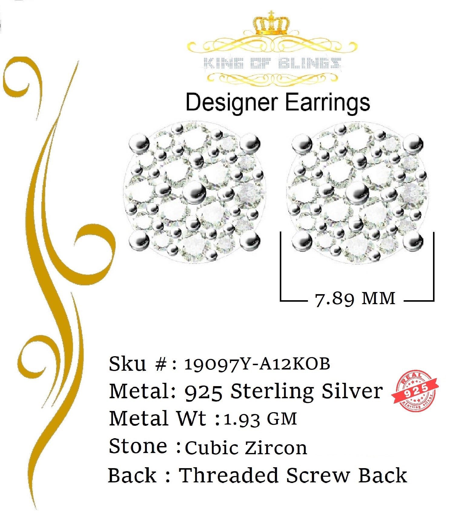 King of Bling's 925 Yellow Silver Aretes Para Hombre 0.87ct Cubic Zirconia Round Women's Earring KING OF BLINGS