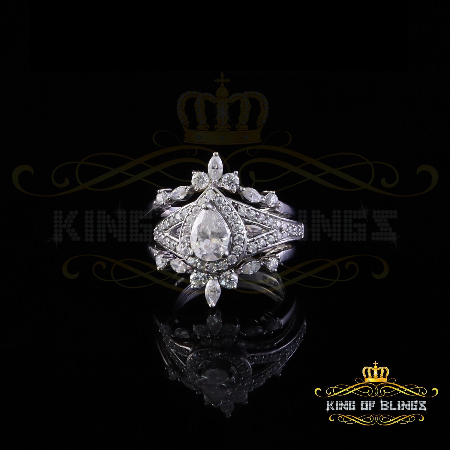 King of Bling's Womens 925 Silver White 1.66ct VVS 'D' Pear Shape Moissanite Ring Guard Size 10 King of Blings