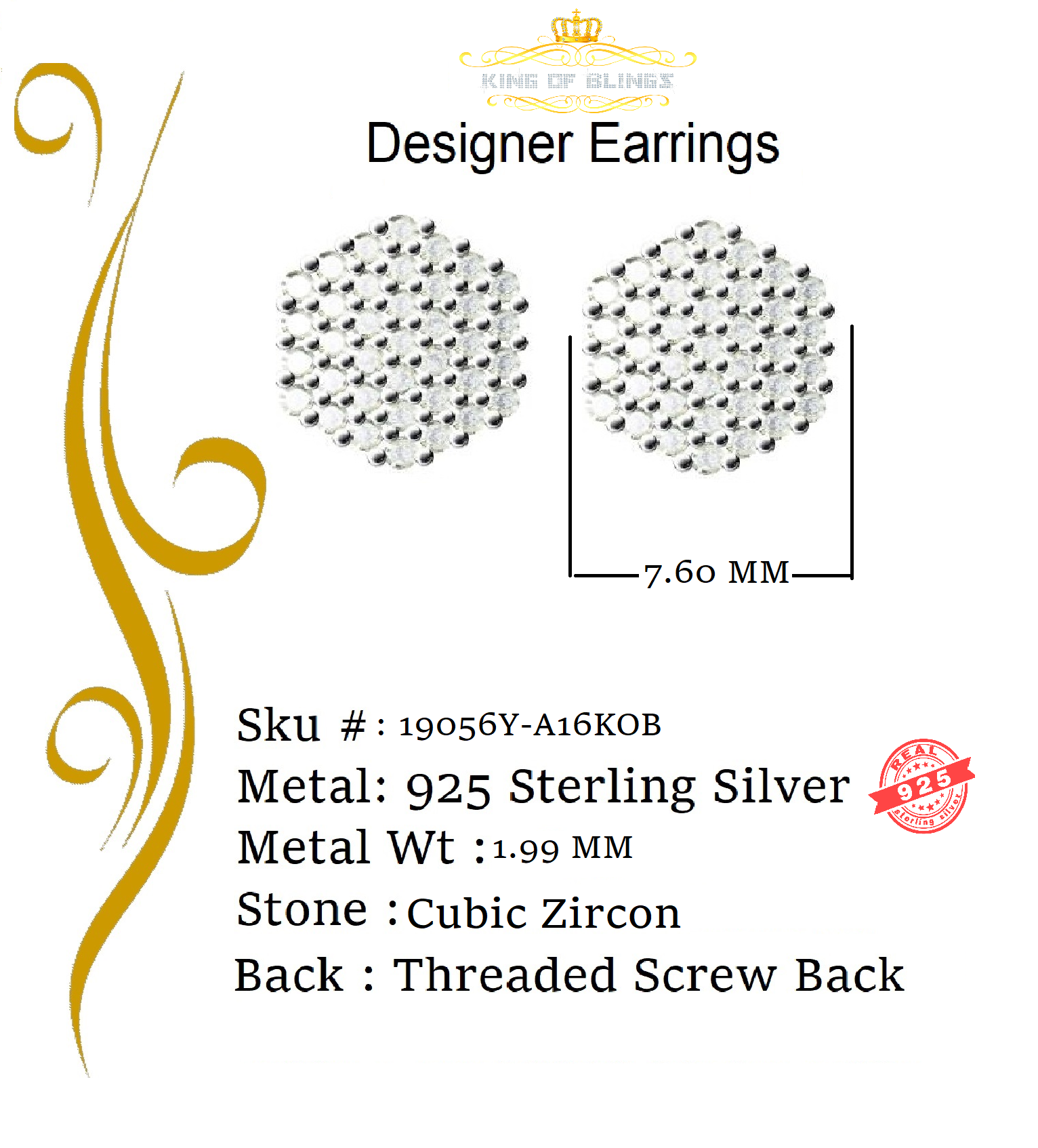 King of Bling's 925 Yellow Silver Hip Hop 0.74ct Cubic Zirconia Women's & Men's Hexagon Earrings KING OF BLINGS