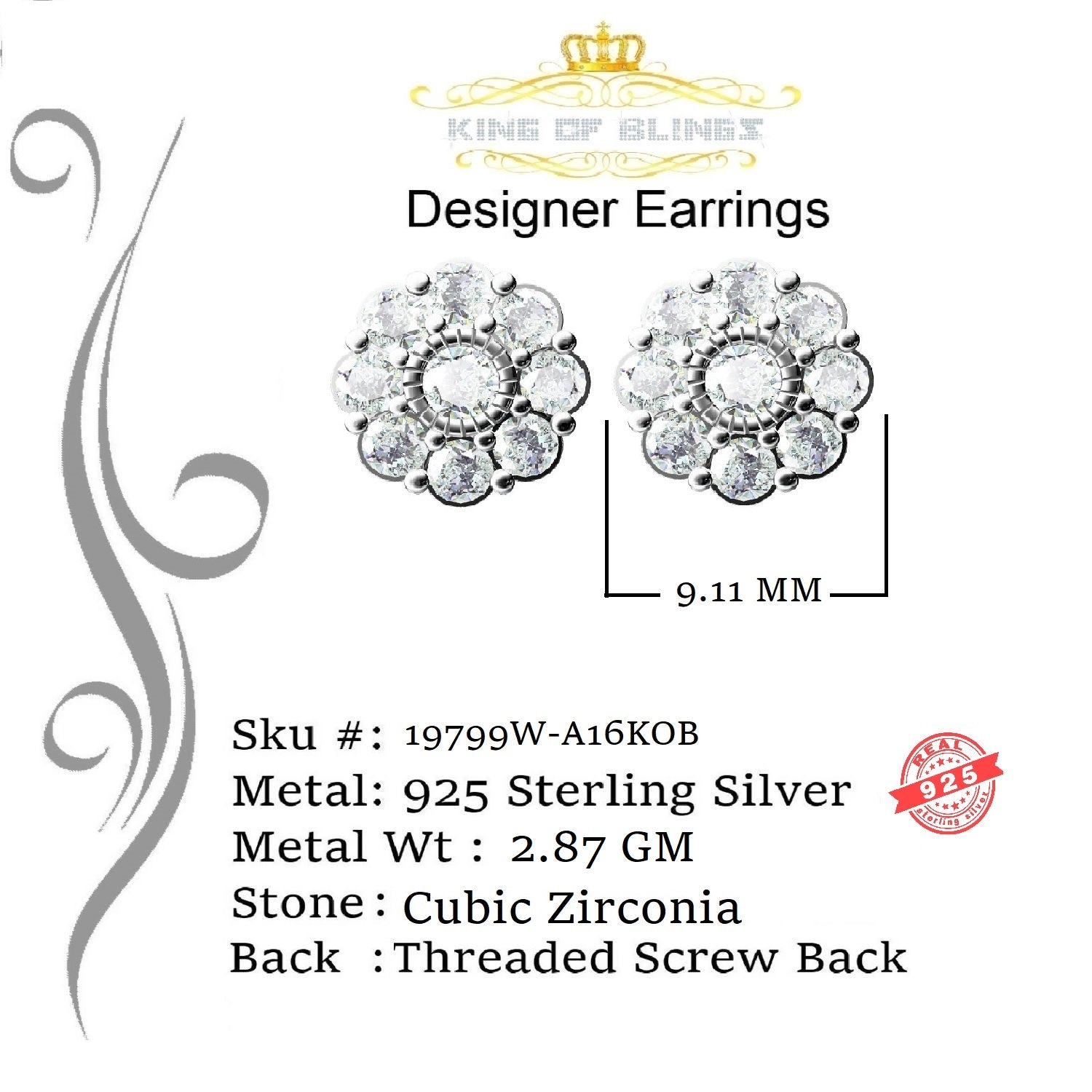 King of Blings- 925 White Sterling Silver 2.88ct Cubic Zirconia Women's Hip Hop Floral Earrings KING OF BLINGS