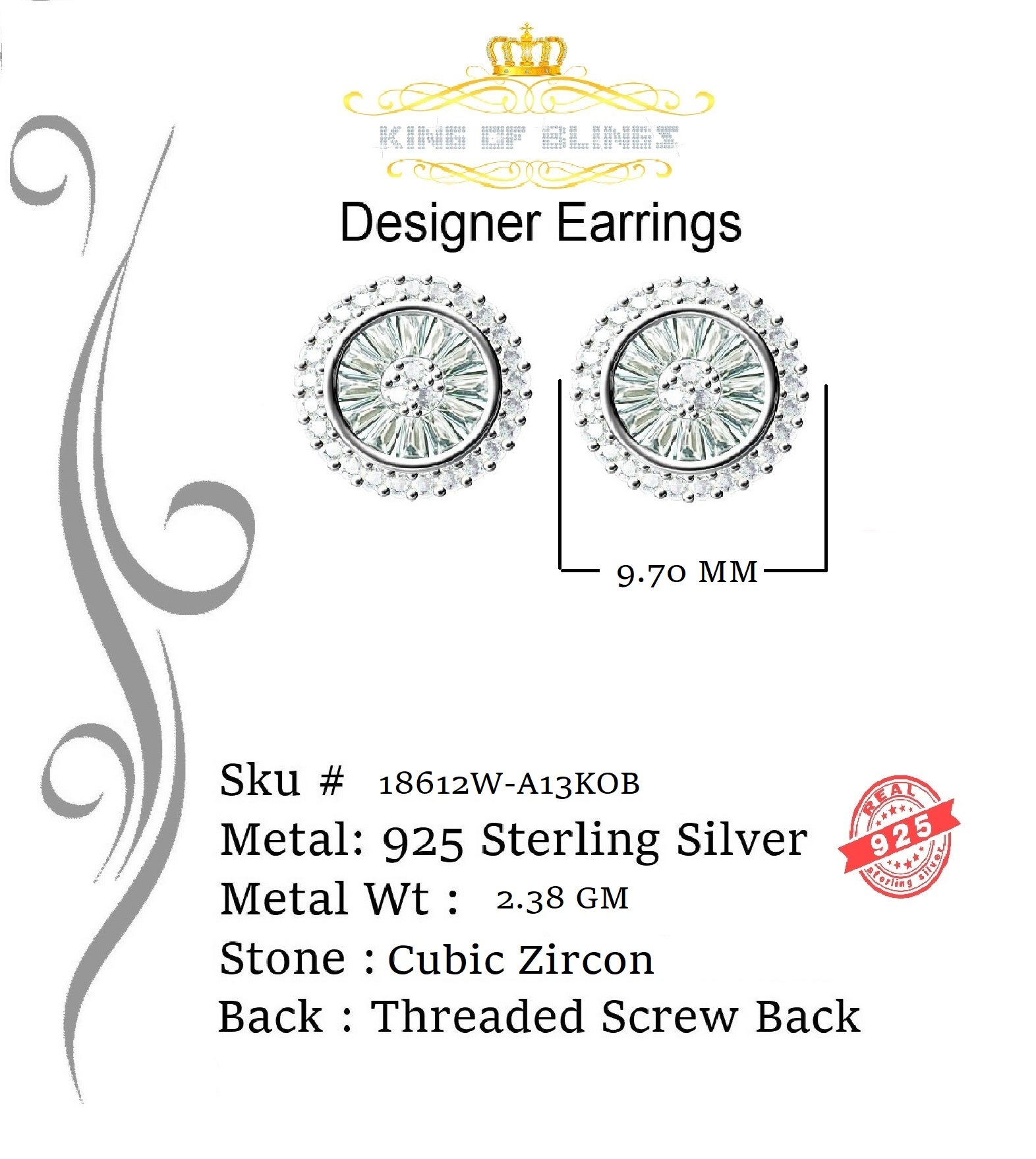 King of Blings- 0.52ct Cubic Zirconia 925 White Sterling Silver Women's Hip Hop Round Earrings KING OF BLINGS