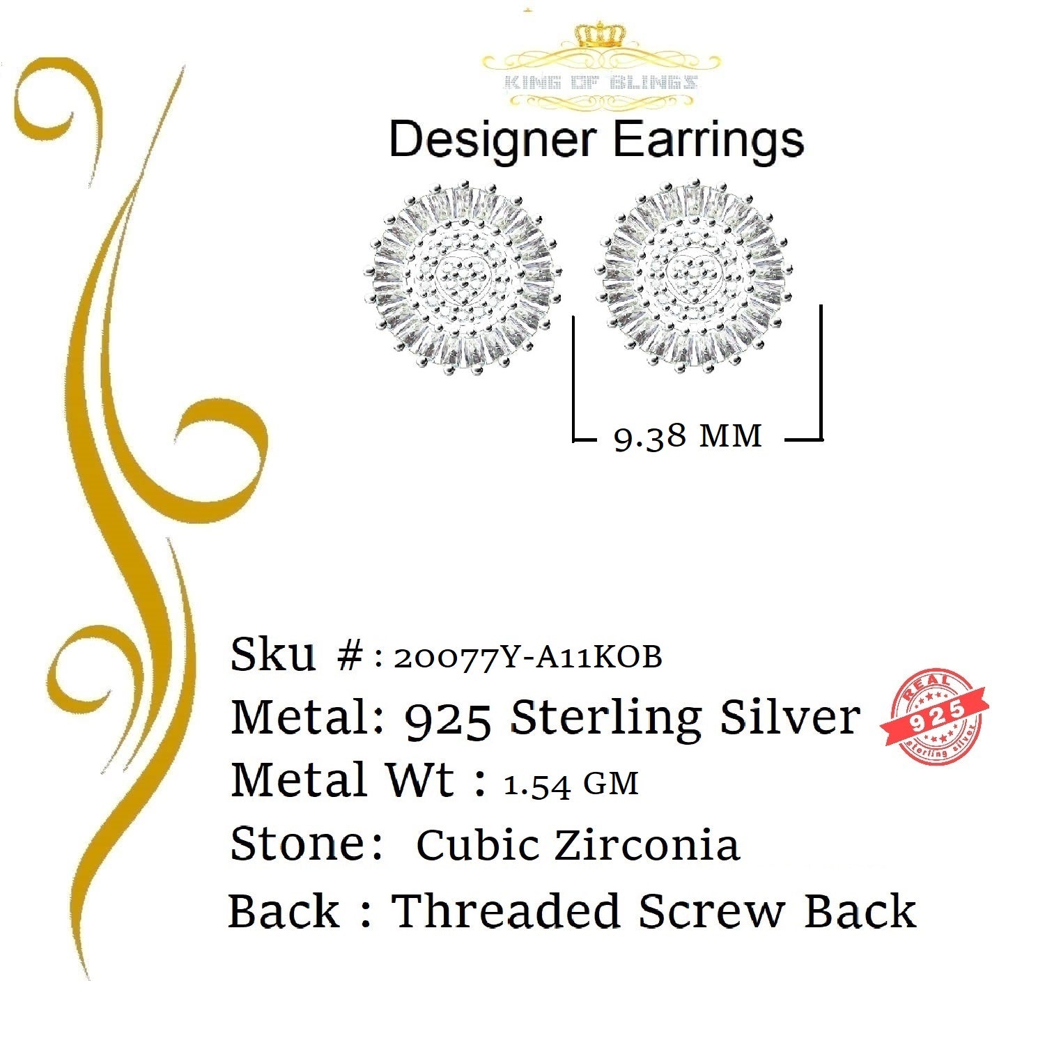 King of Bling's Yellow 925 Sterling Silver 0.24ct Cubic Zirconia For Women's Round Earrings KING OF BLINGS