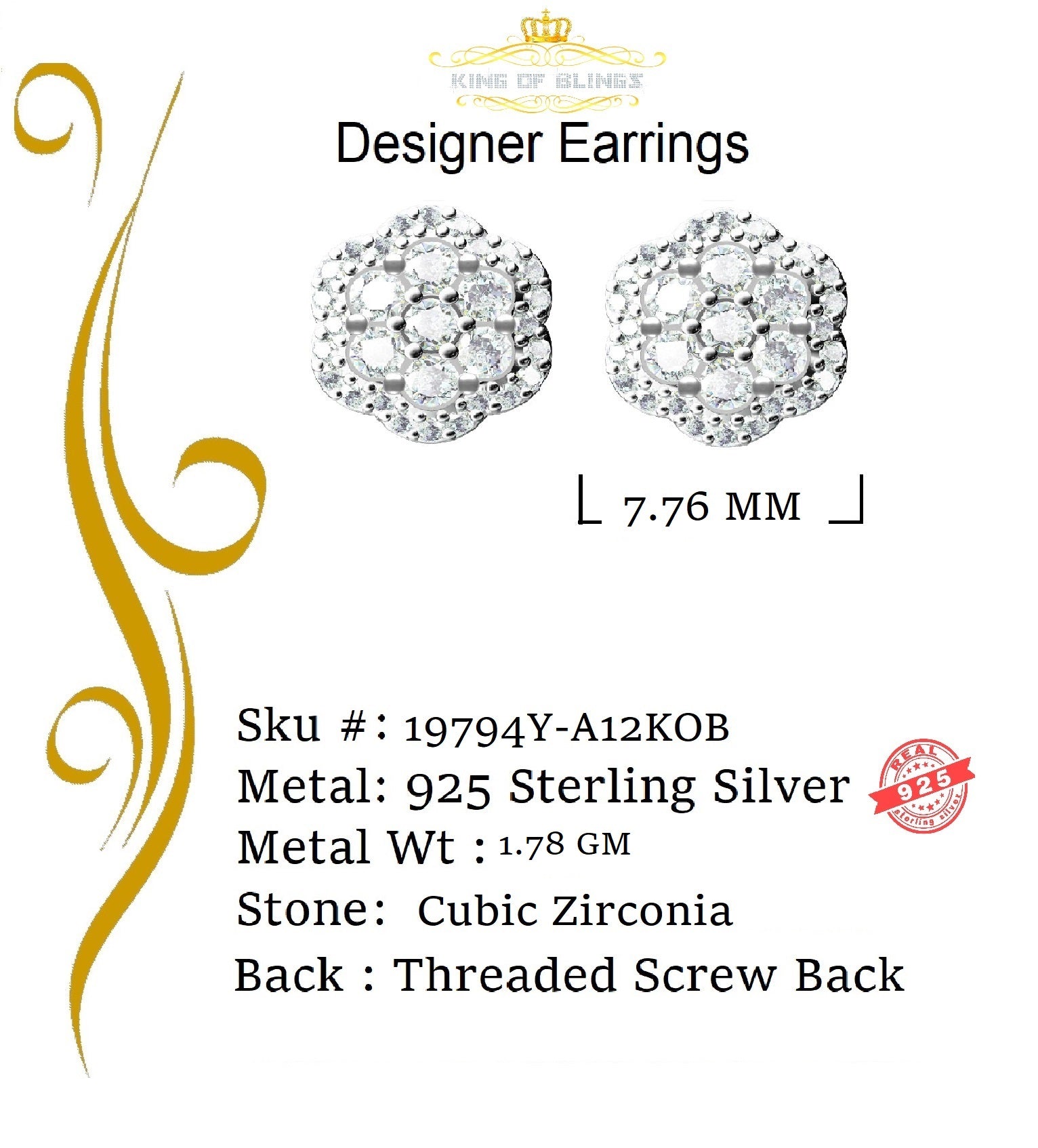 King of Bling's Aretes Para Hombre Yellow Silver 1.22ct Cubic Zirconia Flower Women's Earrings KING OF BLINGS