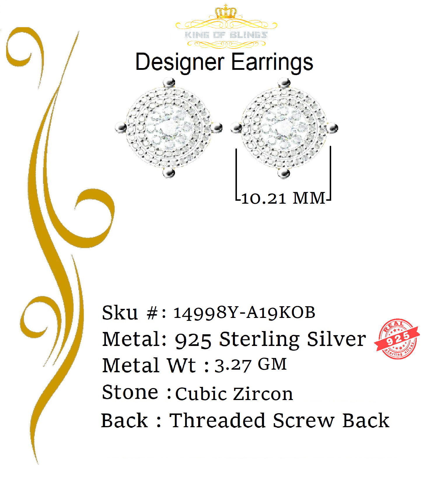 King of Bling's 925 Yellow Sterling Silver 0.83ct Cubic Zirconia Women's Hip Hop Round Earrings KING OF BLINGS