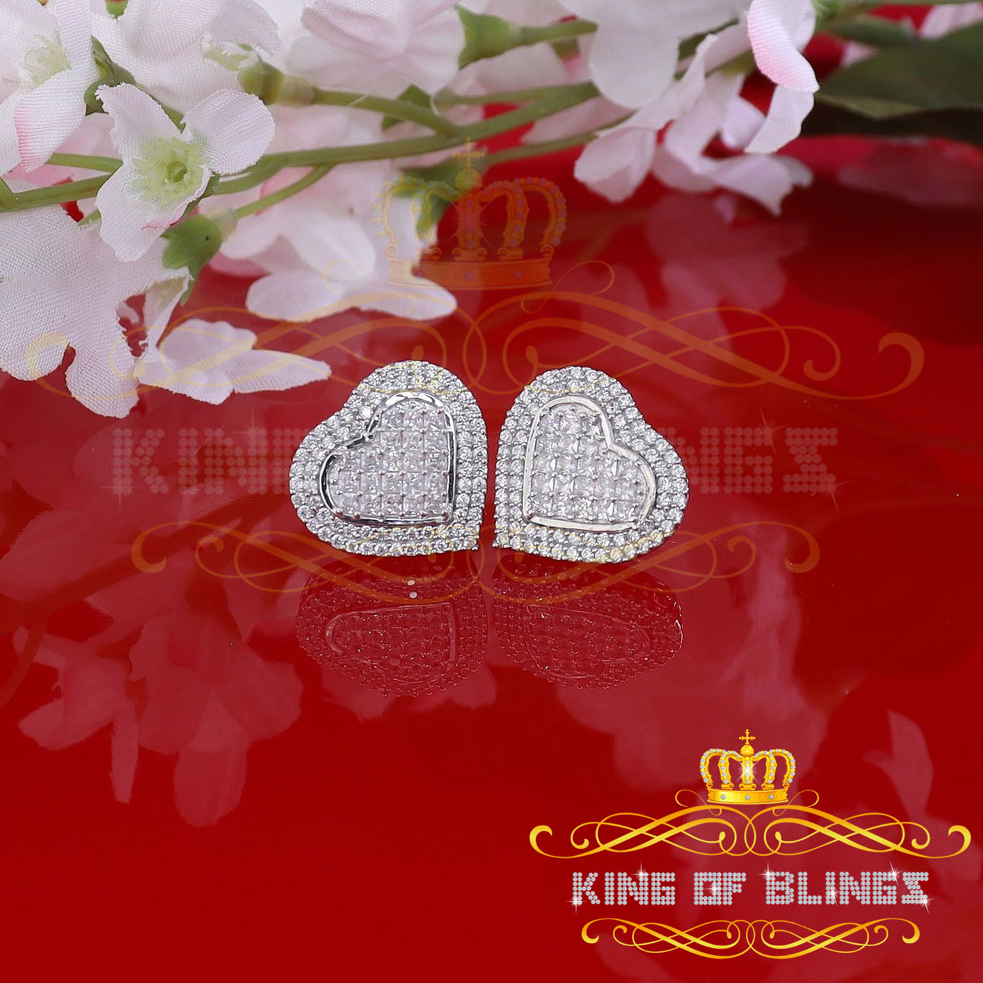 King of Blings- HIp Hop 925 White Sterling Silver 1.44ct Cubic Zirconia Heart Women's Earrings KING OF BLINGS
