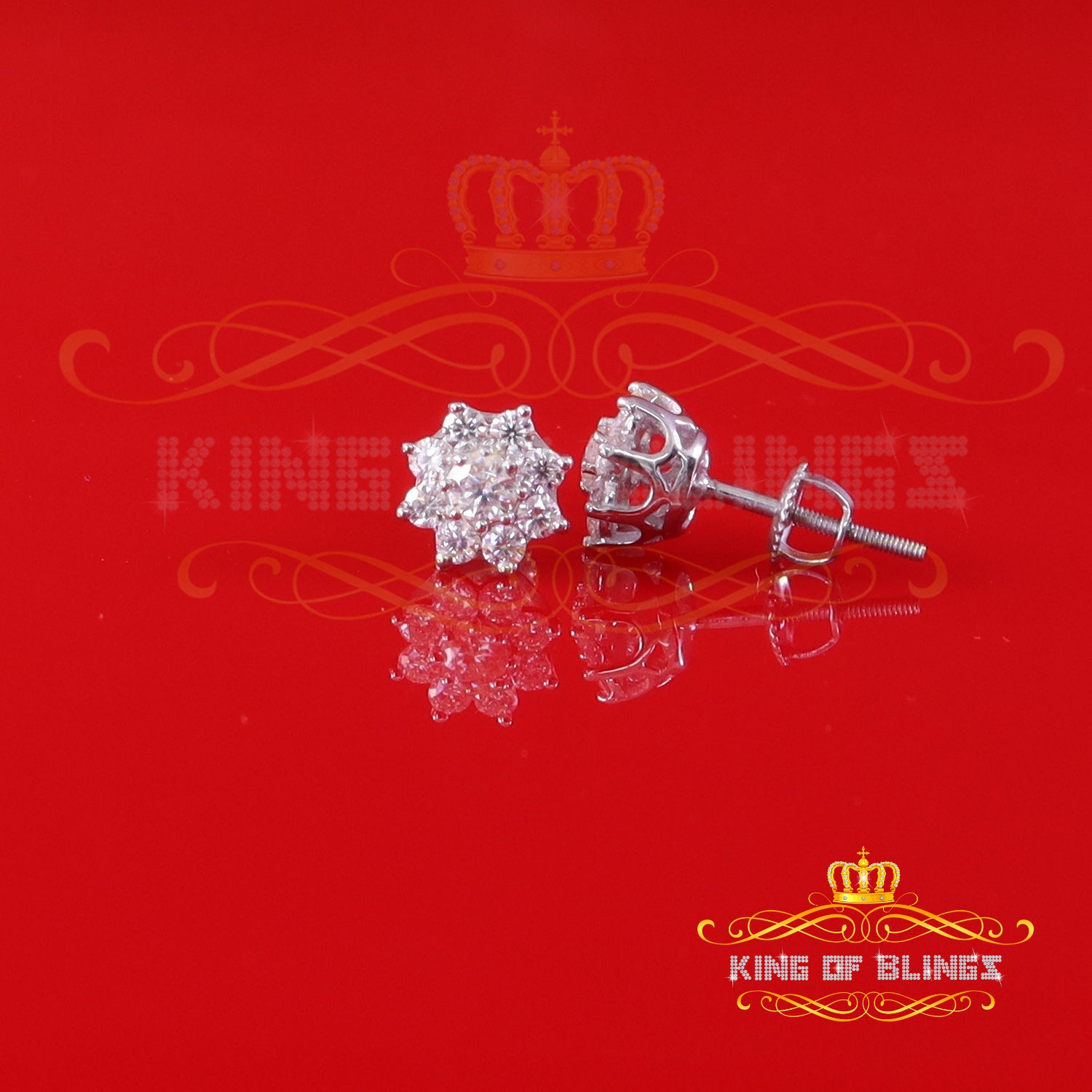 King of Bling's Men's/Womens White  Silver 1.00ct VVS 'D' Moissanite Flower Stud Earrings KING OF BLINGS