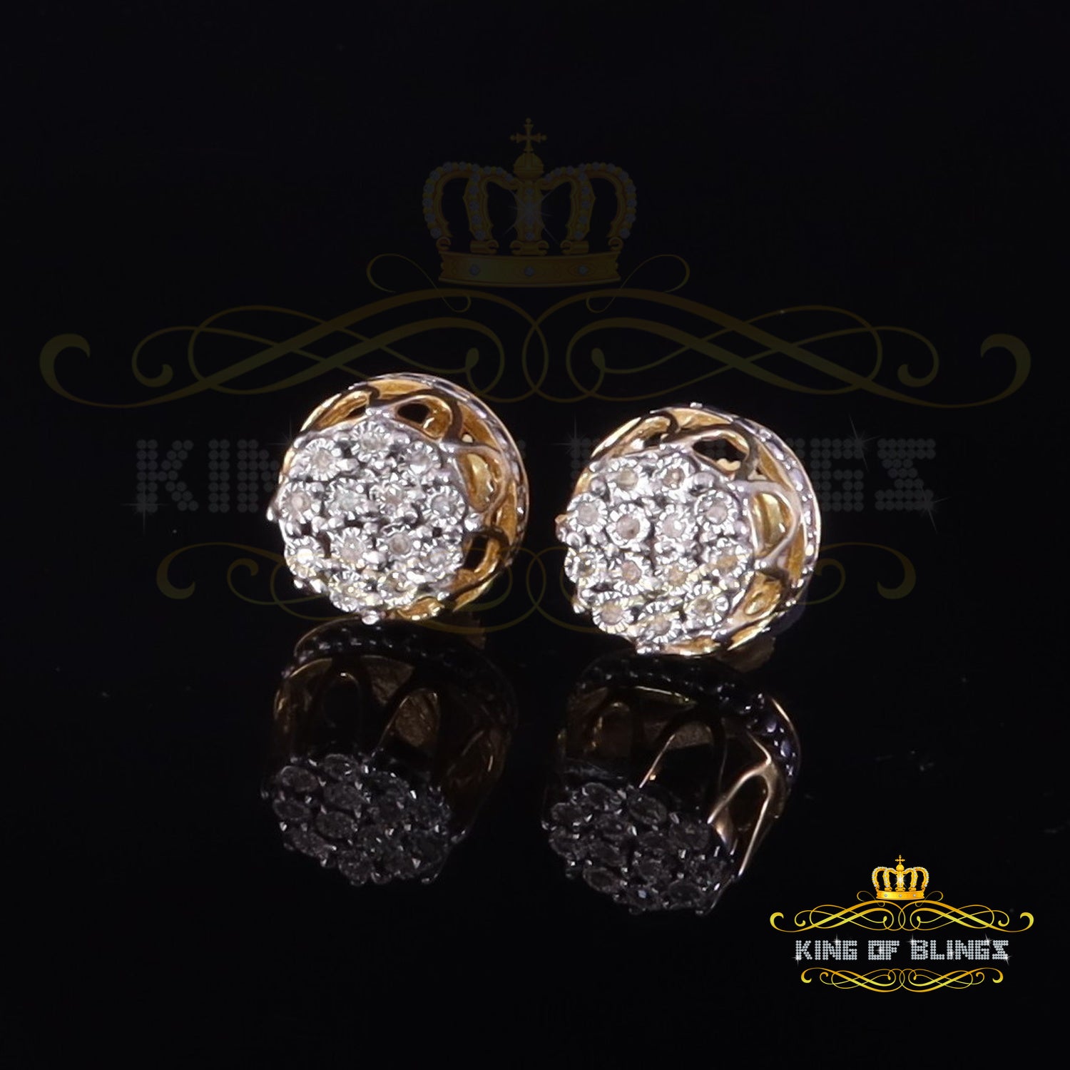 King of Blings-0.07ct Diamond 925 Sterling Yellow Silver For Men's & Womens Stud Round Earring KING OF BLINGS