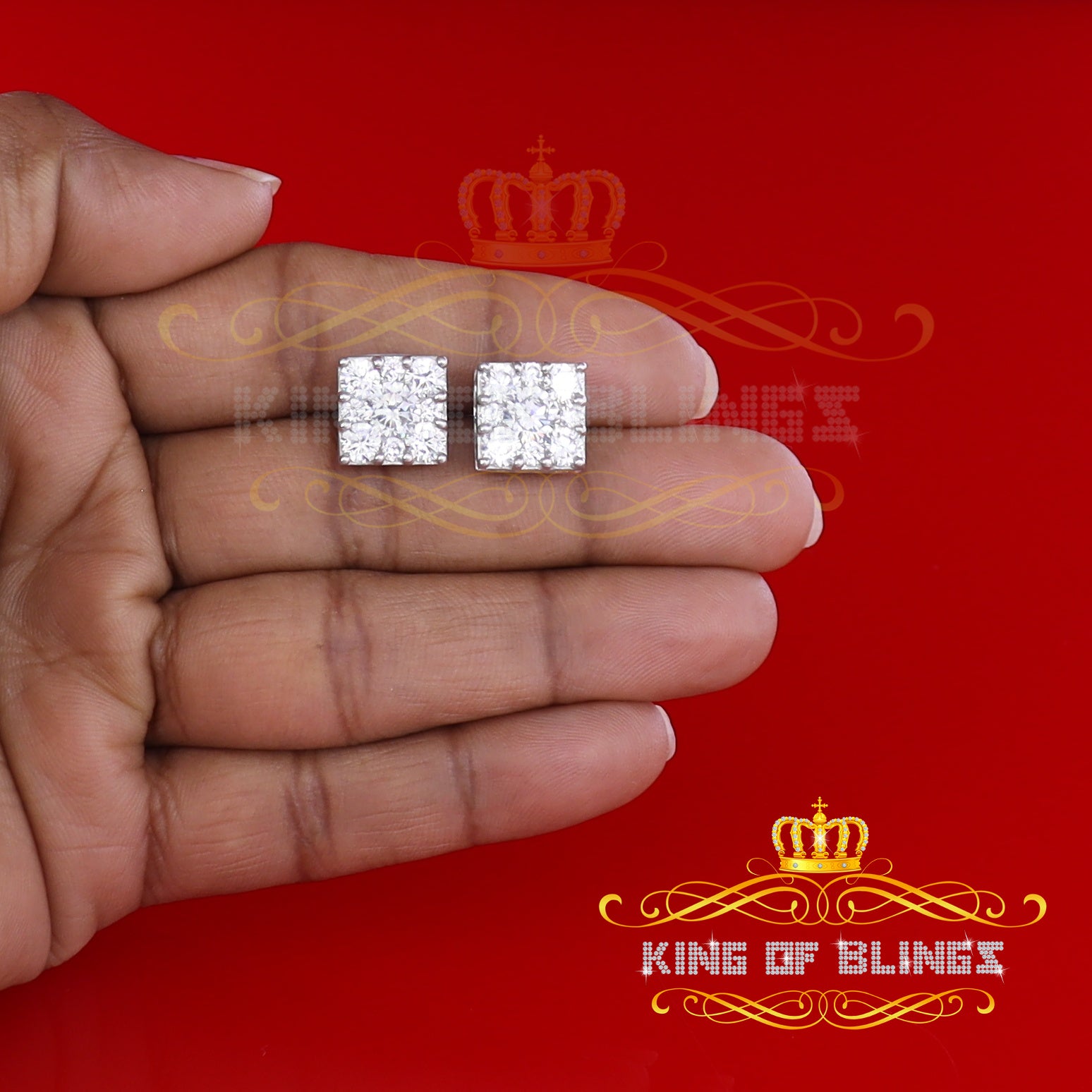King of Blings- White 2.28ct Cubic Zirconia 925 Sterling Silver Hip Hop Square Ladies Earrings KING OF BLINGS