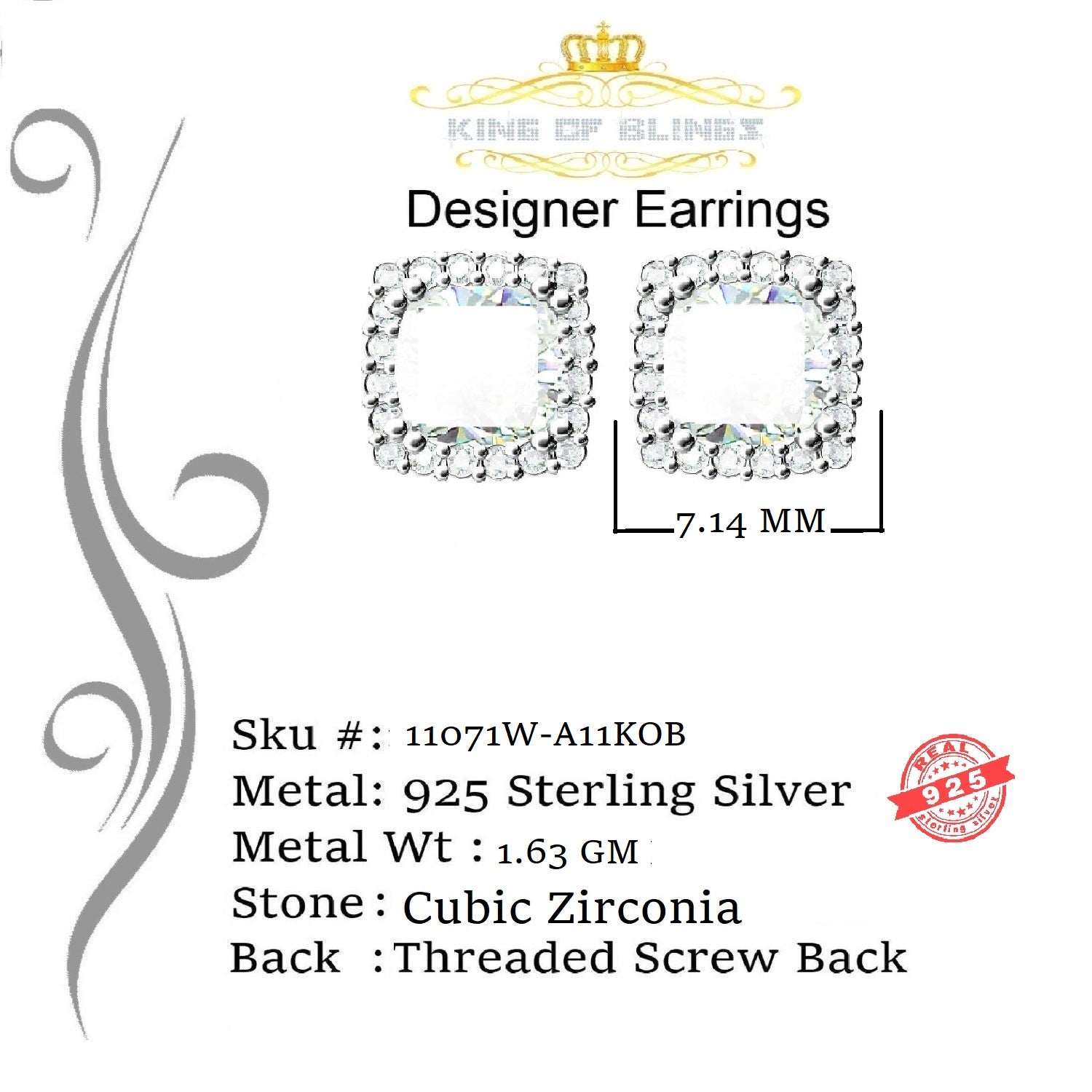 King of Blings- Hip Hop Screw Back White 2.07ct Silver Cubic Zirconia Women's & Men's Earrings KING OF BLINGS