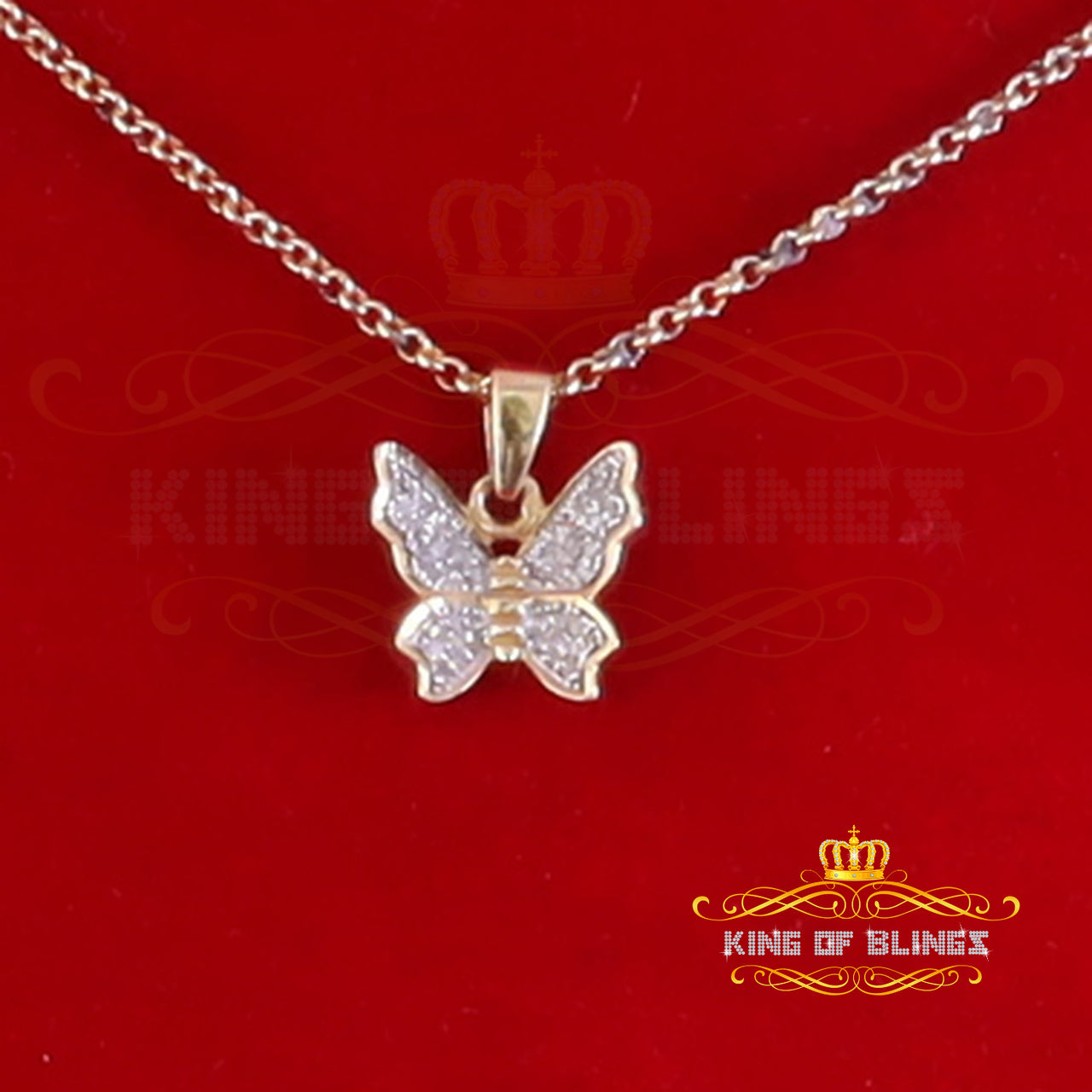 King Of Bling's 925 Sterling Silver 0.10CT Real Diamond with Butterfly Yellow Necklace Pendant
