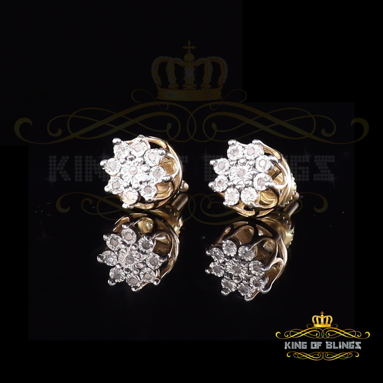 King of Blings-0.05ct Diamond 925 Sterling Silver Yellow For Men's & Women's Floral Earrings KING OF BLINGS