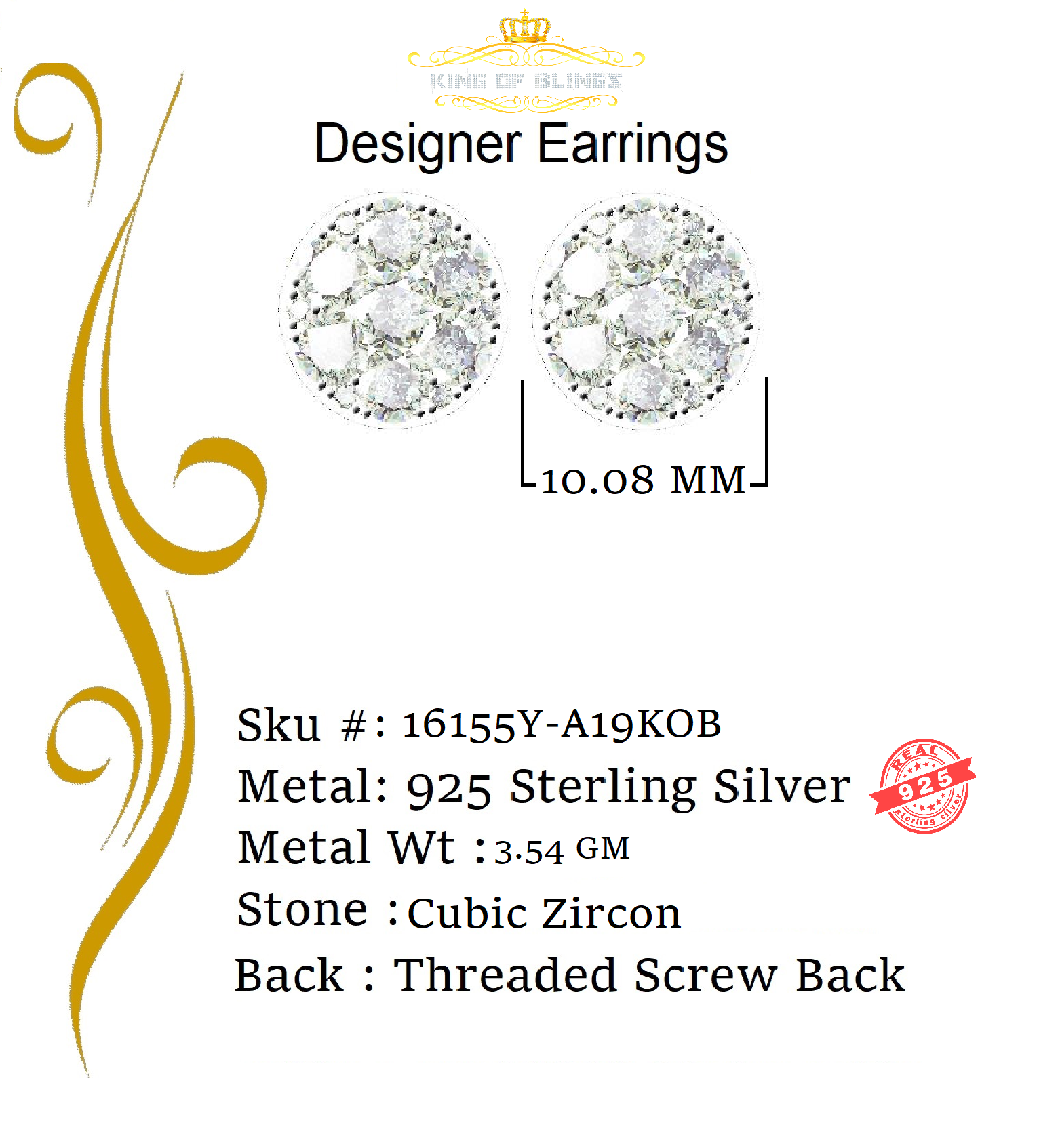King of Bling's 3.02ct Cubic Zirconia 925 Yellow Silver Women's & Men's Hip Hop Round Earrings KING OF BLINGS