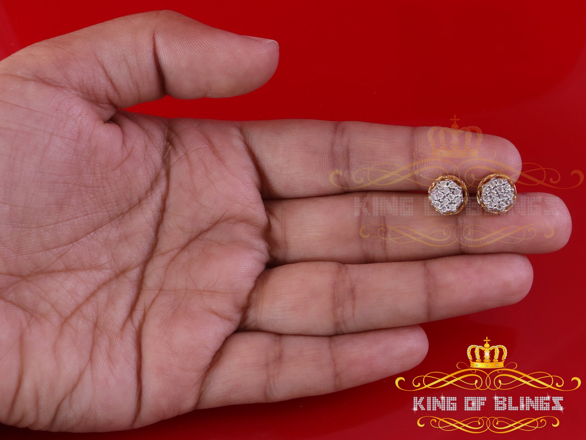 King of Blings-0.07ct Diamond 925 Sterling Yellow Silver For Men's & Womens Stud Round Earring KING OF BLINGS