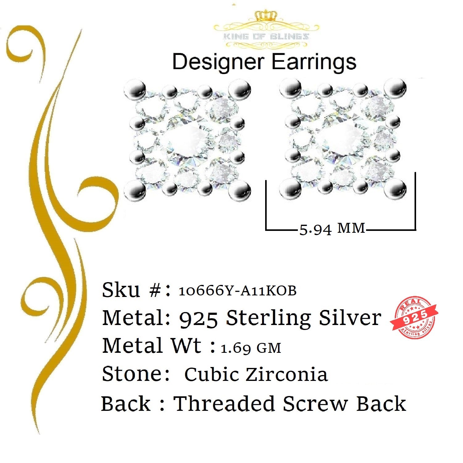 King of Bling's 925 Yellow Silver 0.38ct Cubic Zirconia Women's & Men's Hip Hop Square Earrings KING OF BLINGS