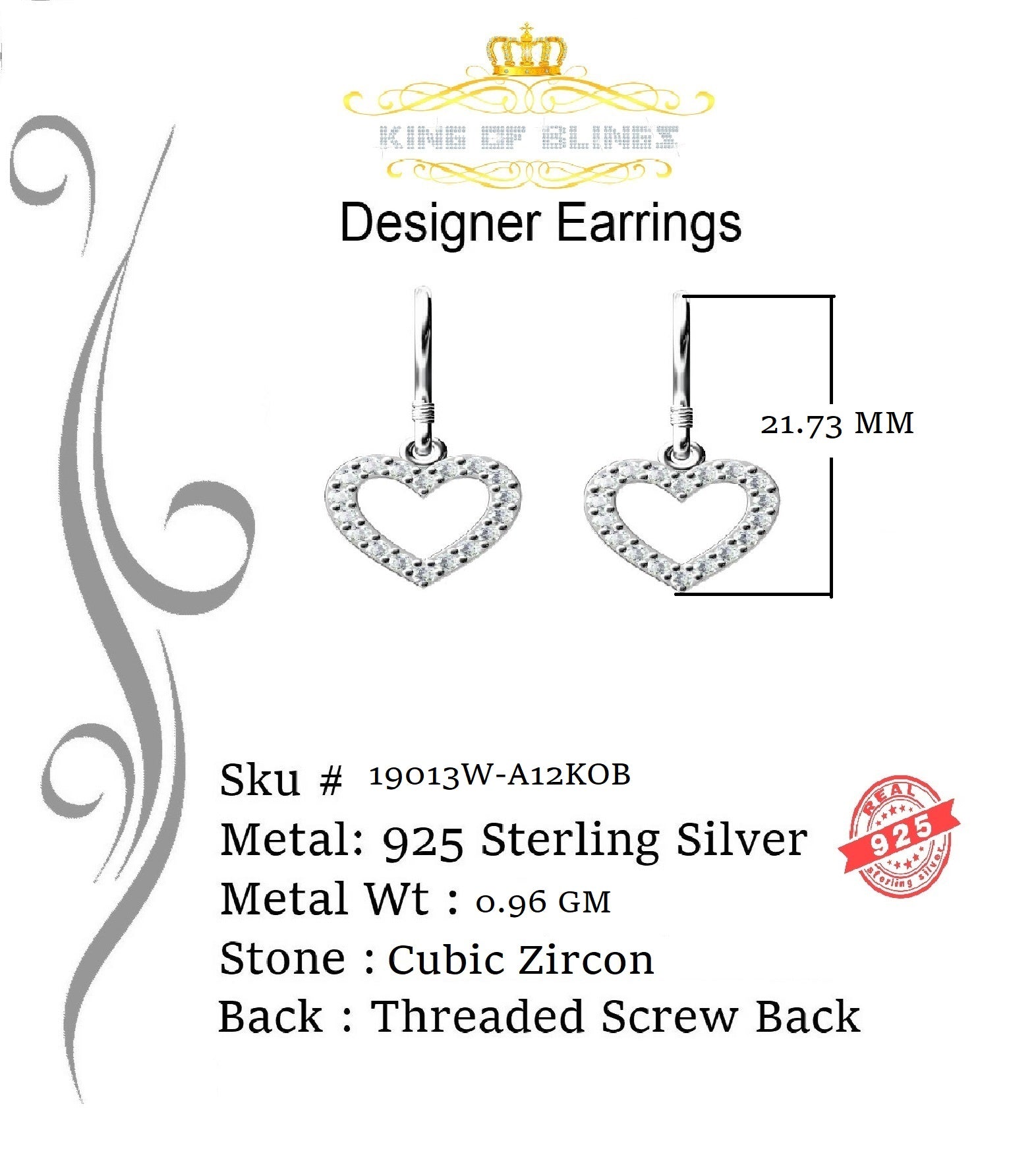 King of Blings- 925 White Silver 0.58ct Cubic Zirconia Cluster Women's Dangling Heart Earrings KING OF BLINGS