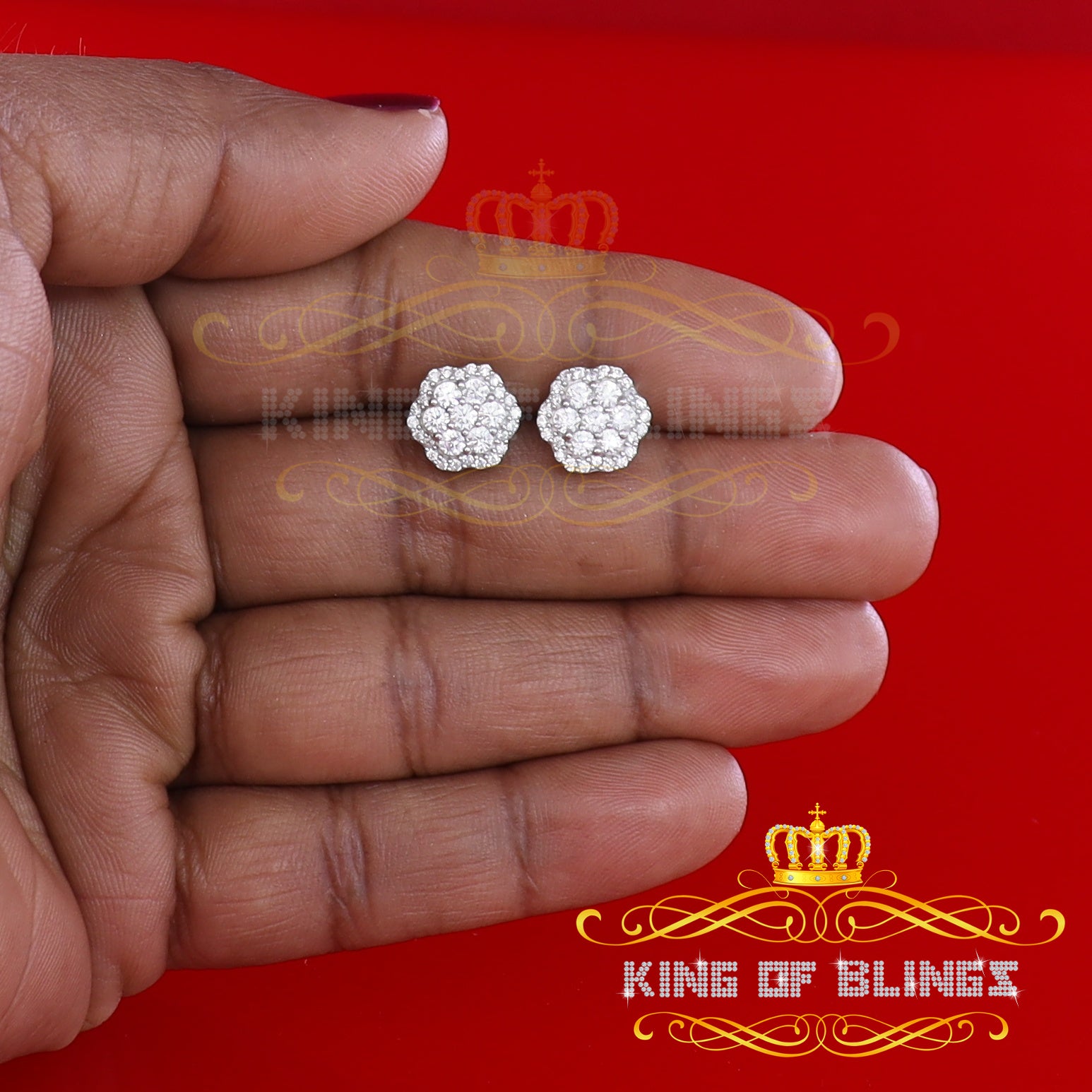 King of Blings- Aretes Para Hombre 925 White Silver 1.74ct Cubic Zirconia Flower Women's Earring KING OF BLINGS