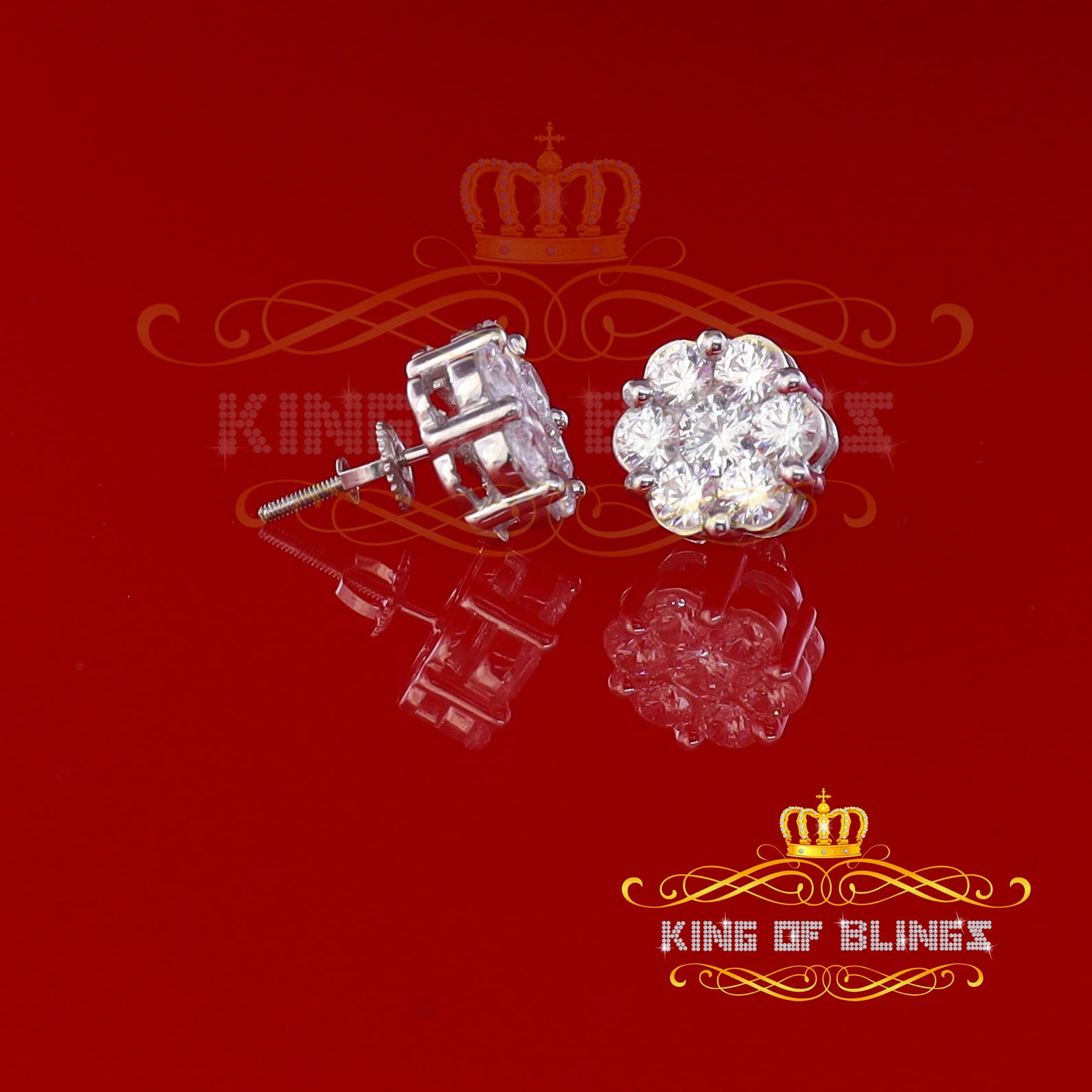 King of Blings- 925 White Sterling Silver 0.96ct Cubic Zirconia Women's Hip Hop Floral Earrings KING OF BLINGS