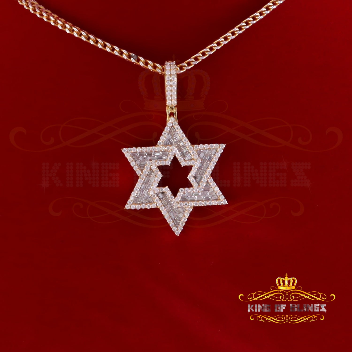 King Of Bling's 925 Silver Moissanite Yellow Bagutte David Star Pendant for Men's 3.00ct VVS D KING OF BLINGS
