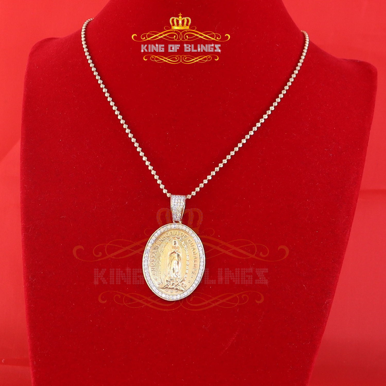 3D Oval Guadalupe Catholic Virgin Mary in CZ Yellow 925 Silver 1.63ct Pendant KING OF BLINGS