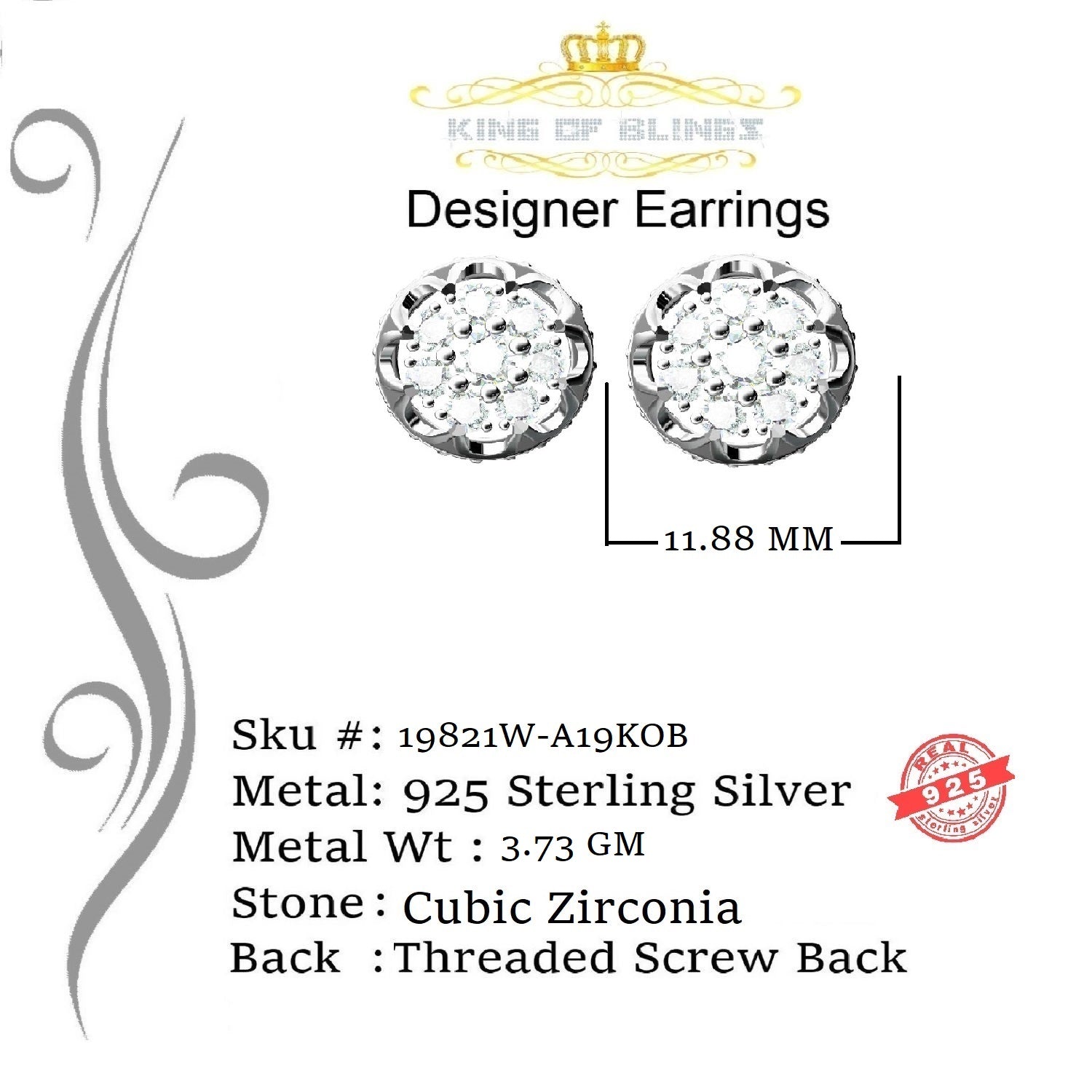 King of Blings- 3.28ct Cubic Zirconia 925 White Silver Women's & Men's Hip Hop Flower Earrings KING OF BLINGS