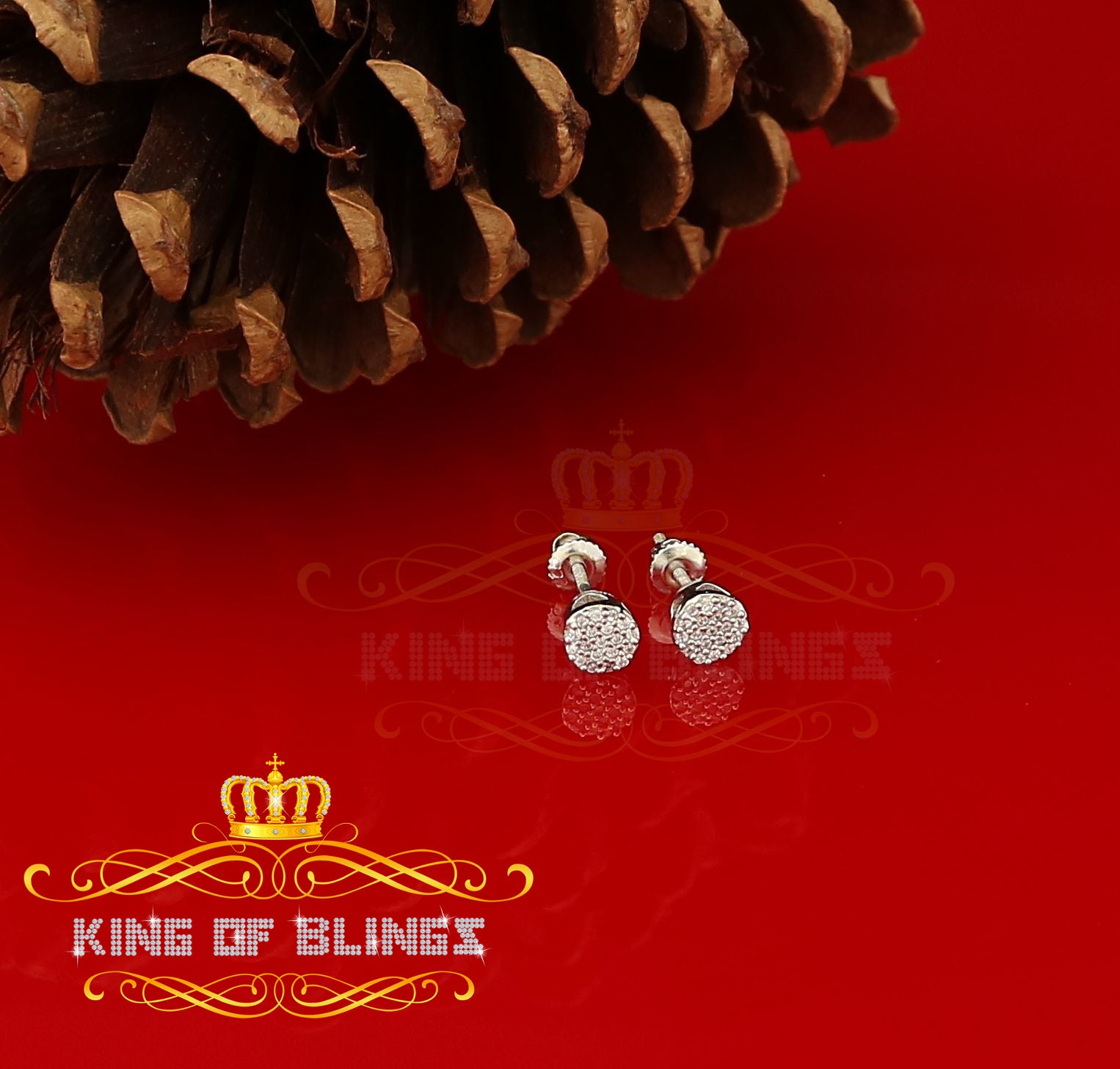 King of Blings- 925 White Silver Aretes Para Hombre 0.30ct Cubic Zirconia Women's Round Earrings KING OF BLINGS