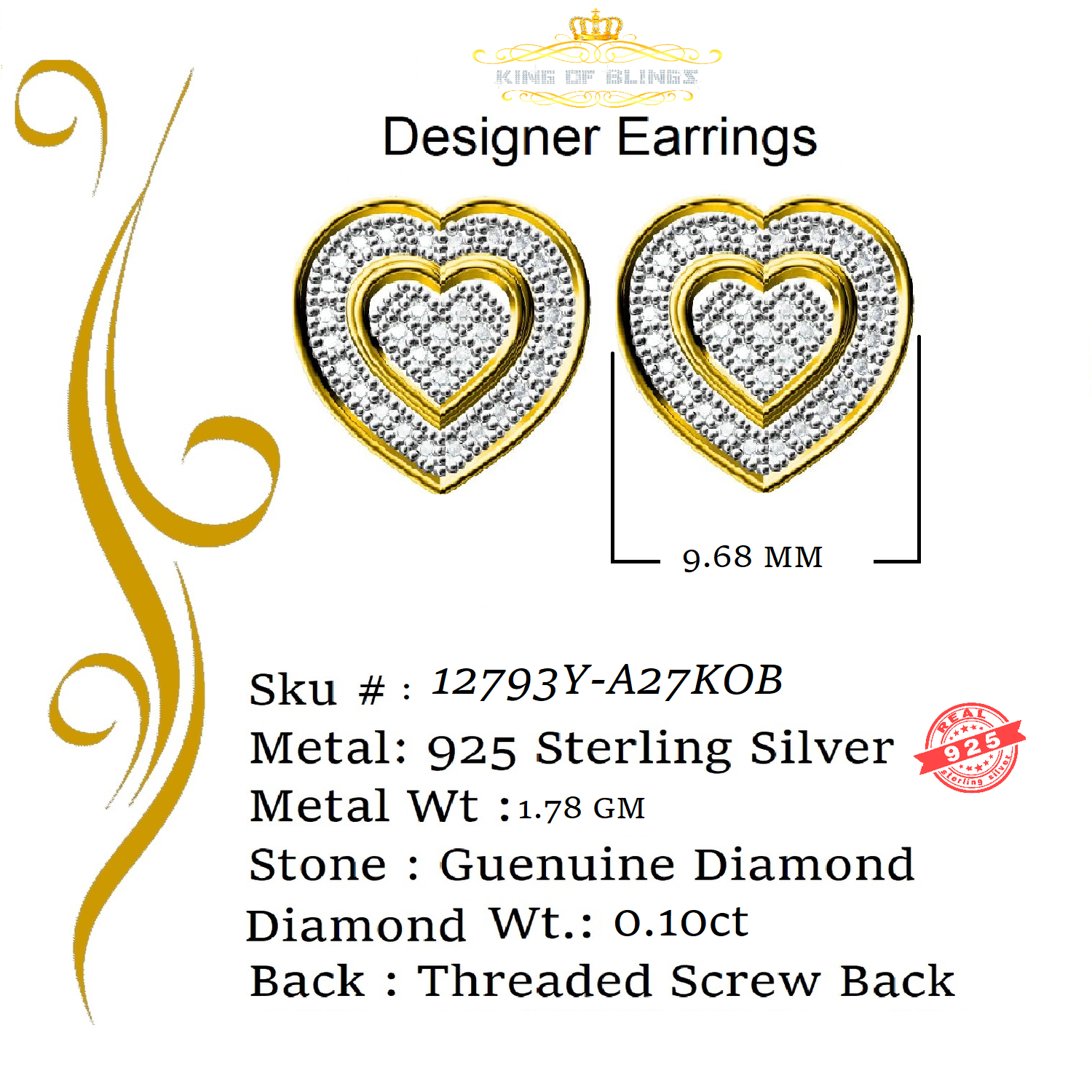 King of Blings-0.10ct Diamond Heart Earring Yellow 925 Sterling Silver Stud For Men's & Women's KING OF BLINGS