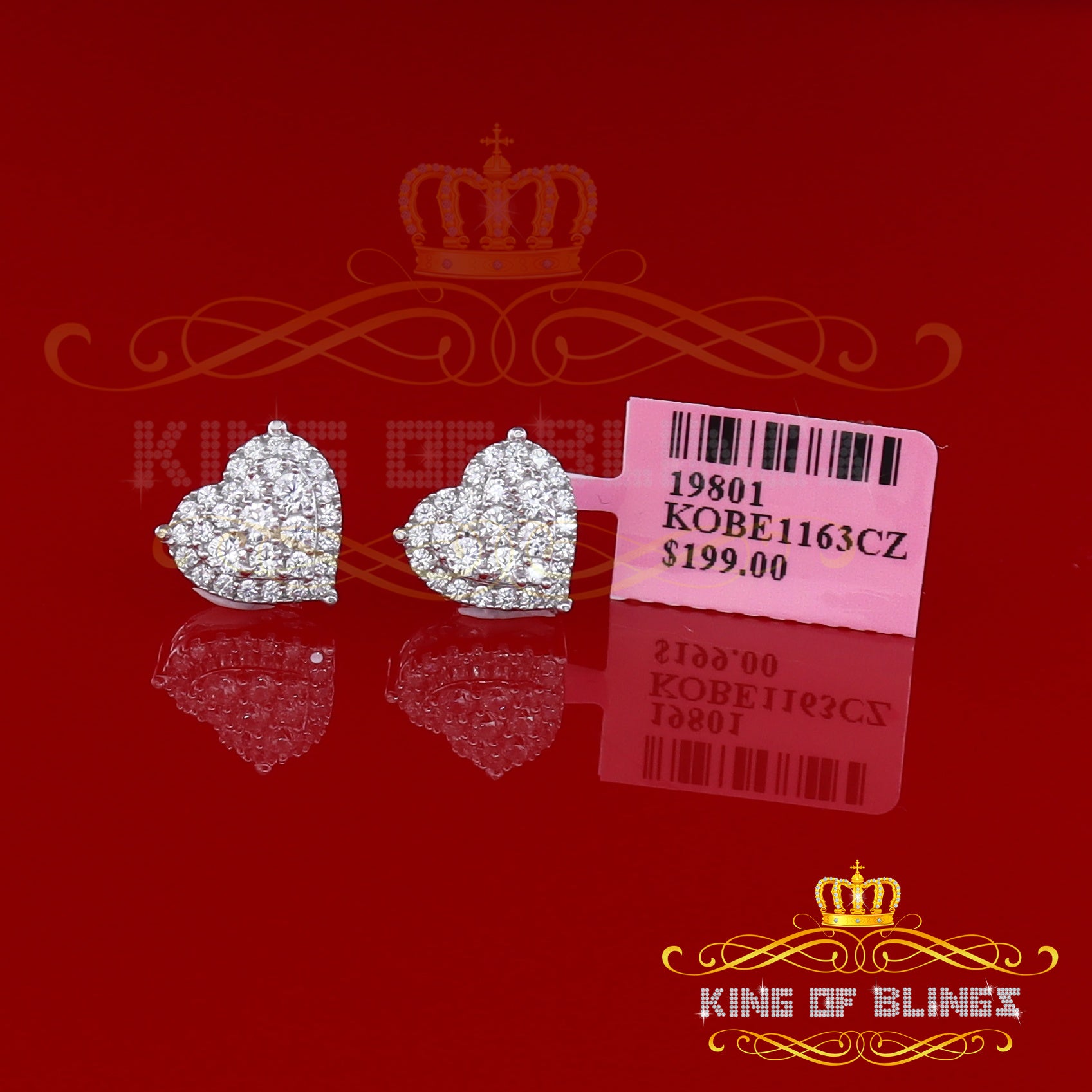 King of Blings- Aretes Para Hombre 925 White Silver 1.64ct Cubic Zirconia Heart Women's Earrings KING OF BLINGS