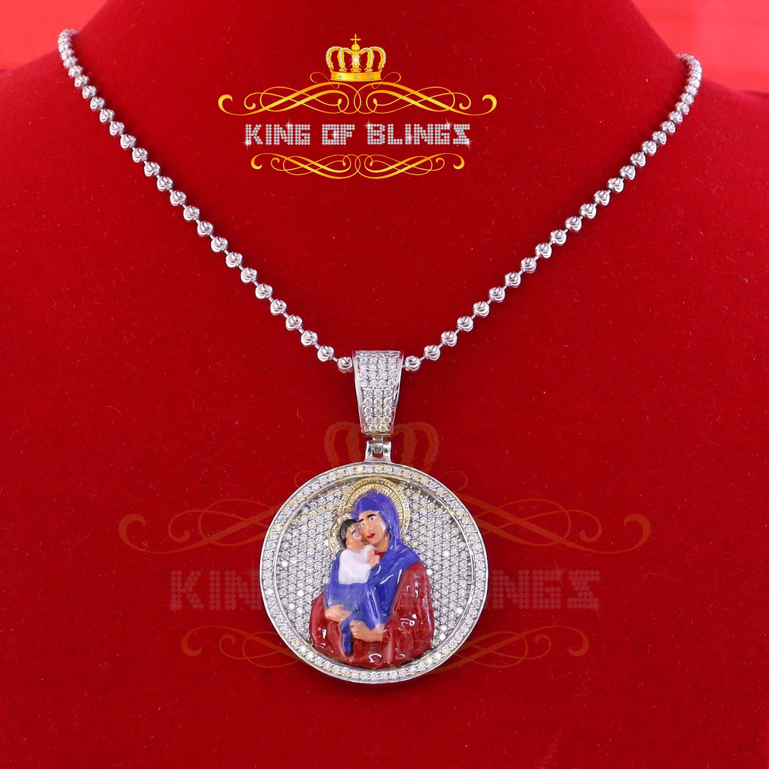 King Of Bling's 5.00ct Moissanite White 925 Silver Jesus & Mother Marry Round 1.50 inch Pendant KING OF BLINGS