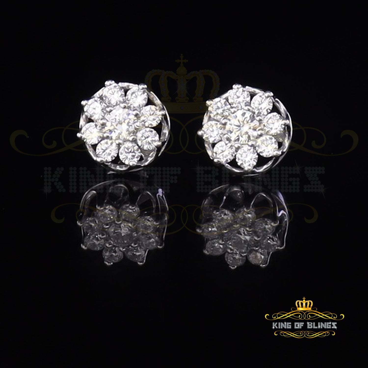 King of Blings- 1.94ct Cubic Zirconia 925 White Sterling Silver Women's Hip Hop Flower Earrings KING OF BLINGS