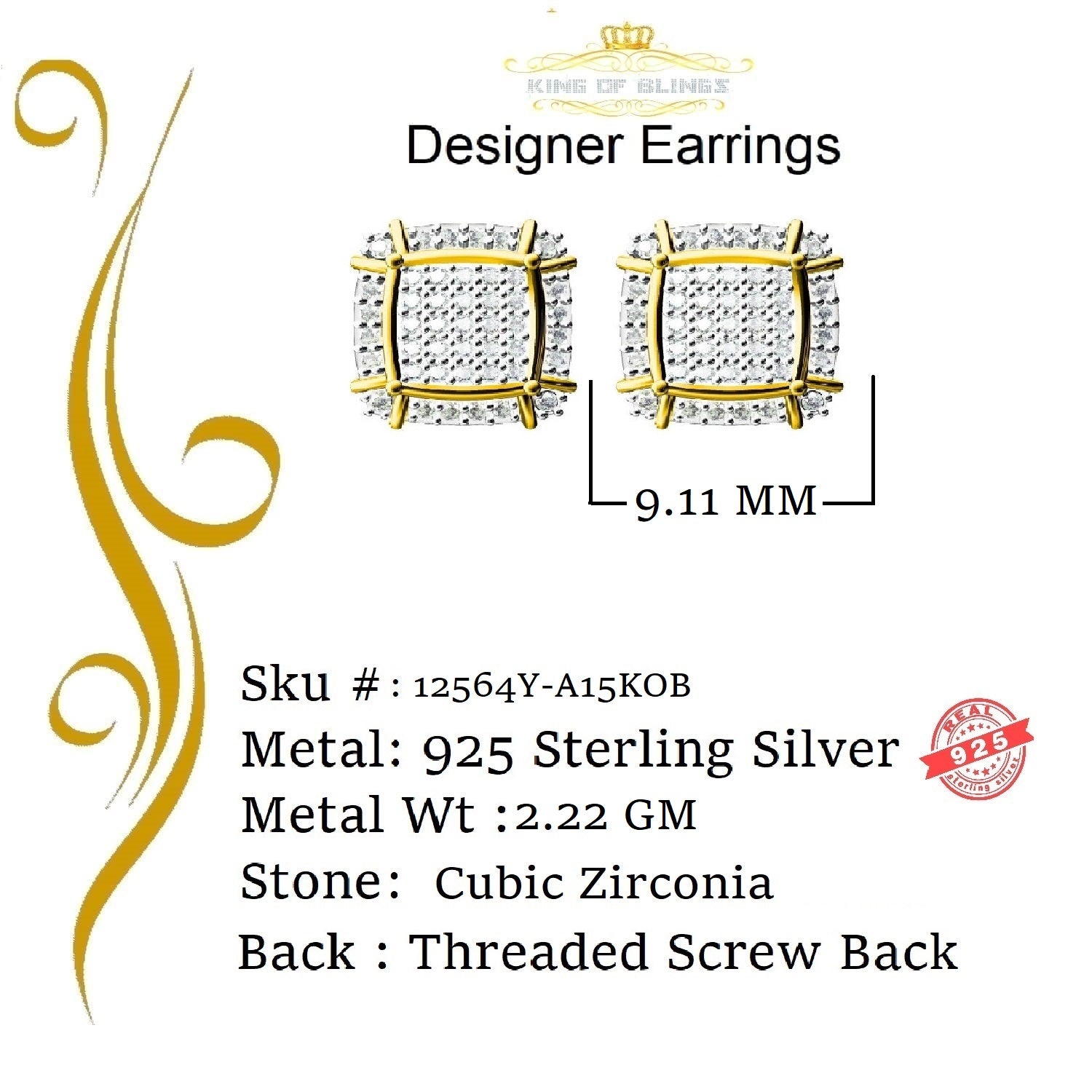 King of Bling's 925 Silver Sterling Yellow 0.72ct Cubic Zirconia Hip Hop Square Women's Earrings KING OF BLINGS
