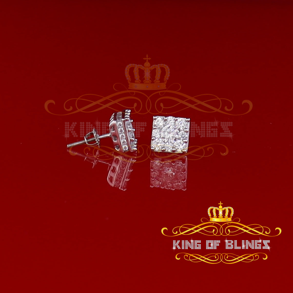 King of Blings- 925 White 1.46ct Sterling Silver Cubic Zirconia Women's & Men's Square Earrings KING OF BLINGS