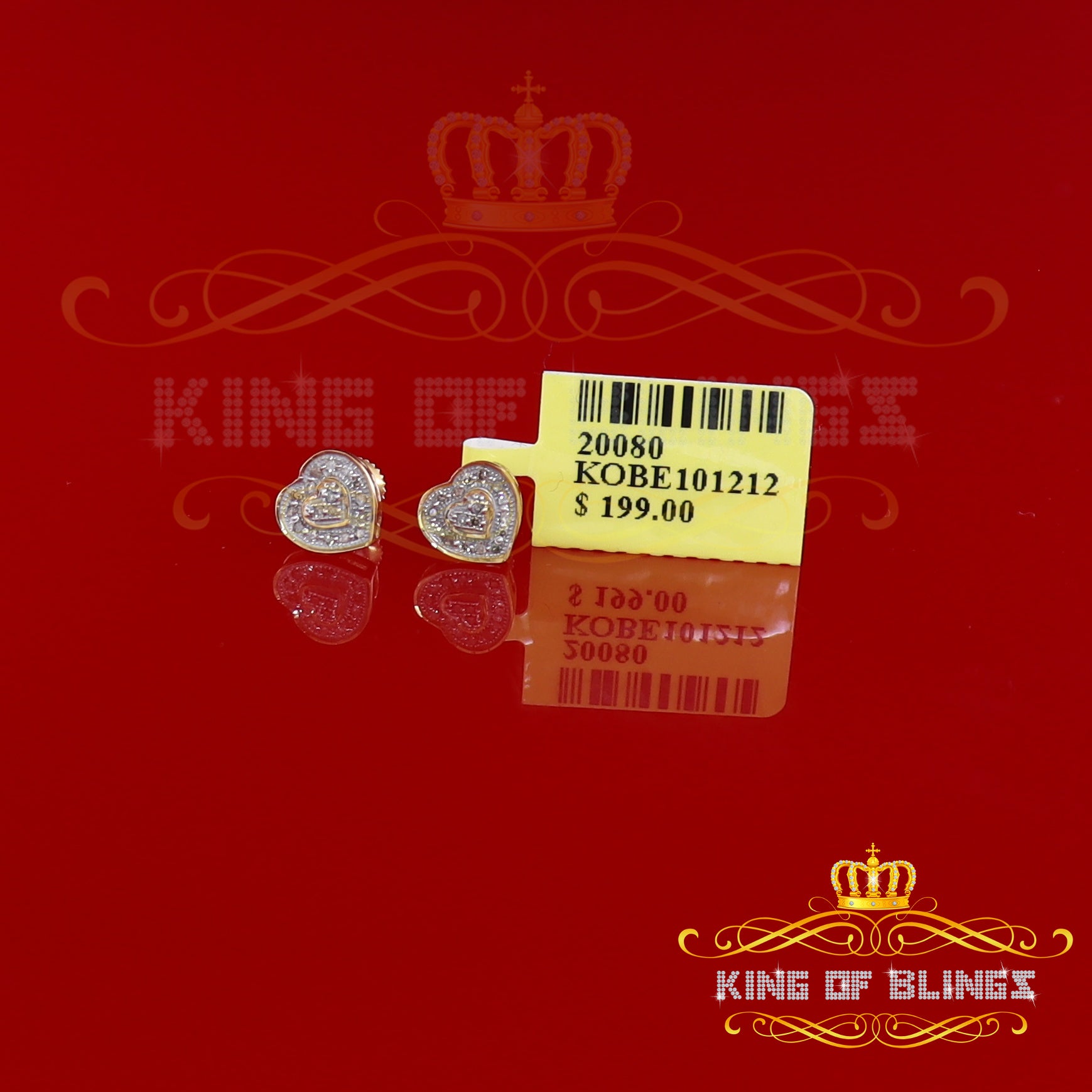 King of Blings-Micro Pave 0.11ct Real Diamonds 925 Yellow Silver Women's & Men's Heart Earrings KING OF BLINGS