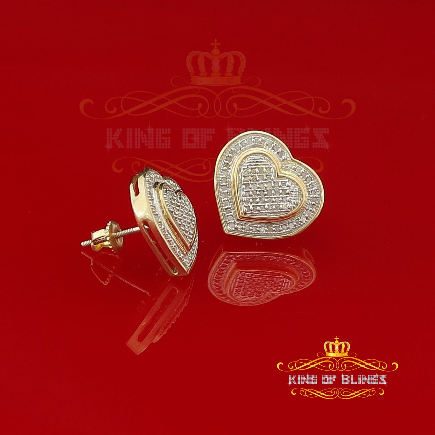 King of Blings-Aretes Para Hombre Heart 925 Yellow Silver 0.33ct Diamond Women's Style Earrings KING OF BLINGS