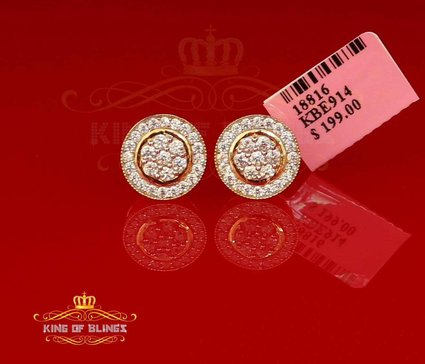King of Bling's Aretes Para Hombre 925 Yellow Silver 1.78ct Cubic Zirconia Round Women's Earring KING OF BLINGS