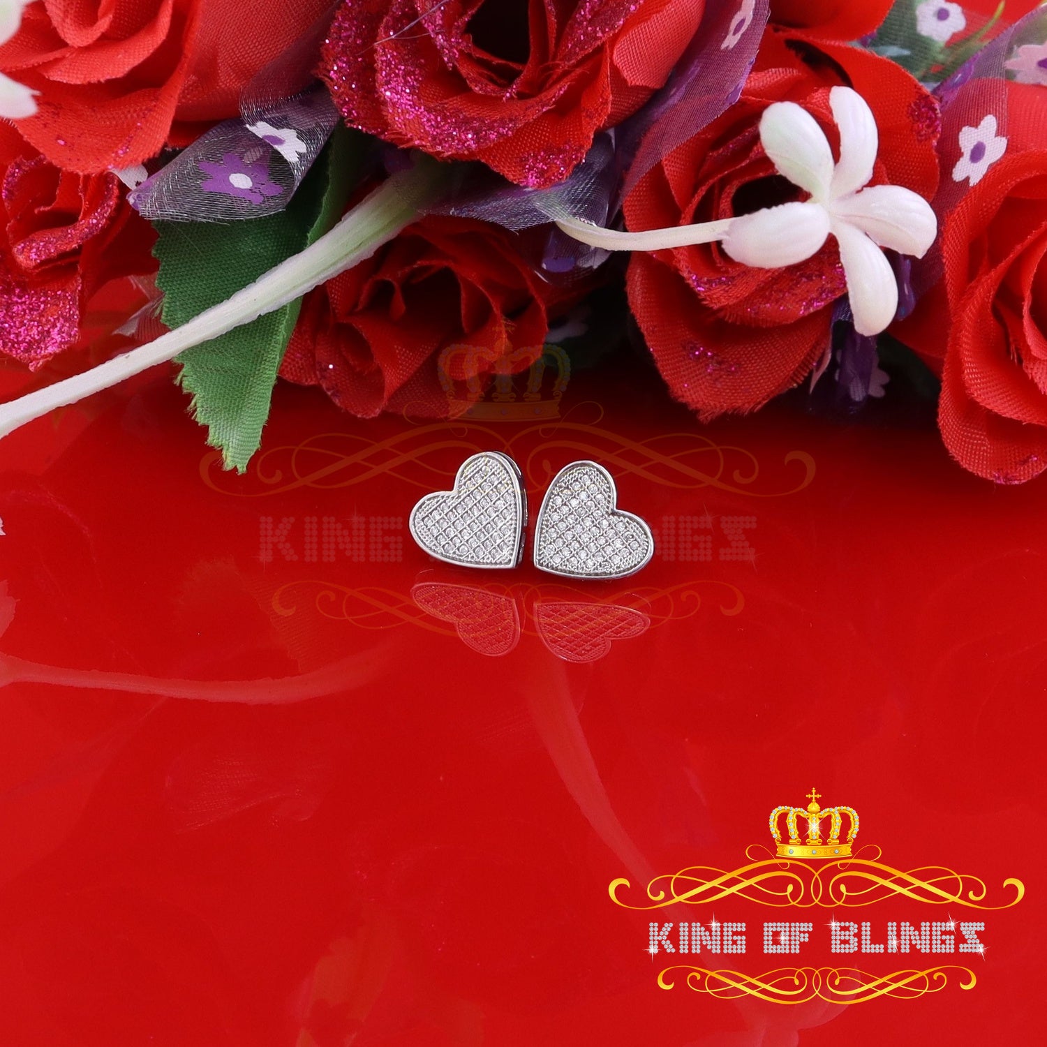 King of Blings- 925 Sterling White Silver 0.84ct Cubic Zirconia Women's & Men's Heart Earrings KING OF BLINGS