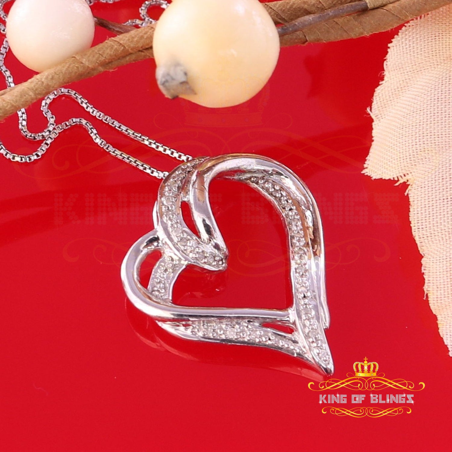 King Of Bling's Real 0.10CT Diamond HEART'S 925 Sterling Silver White Charm Necklace Pendant KING OF BLINGS