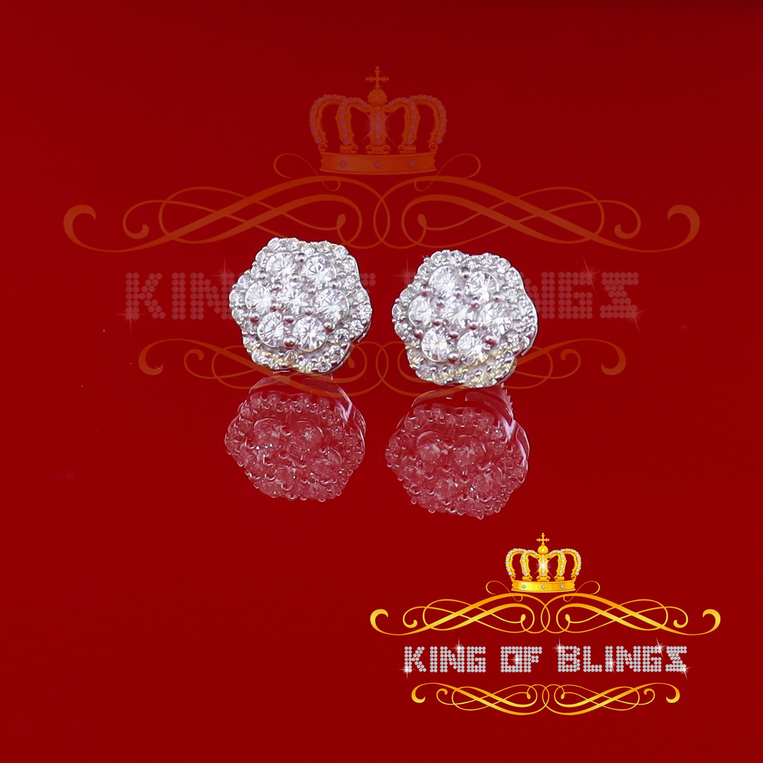 King of Blings- Aretes Para Hombre 925 White Silver 1.74ct Cubic Zirconia Flower Women's Earring KING OF BLINGS