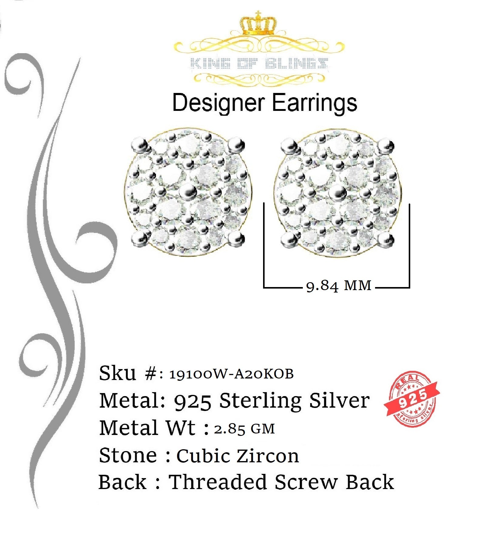 King of Blings- Aretes Para Hombre 925 White Silver 2.96ctCubic Zirconia Round Women's Earrings KING OF BLINGS