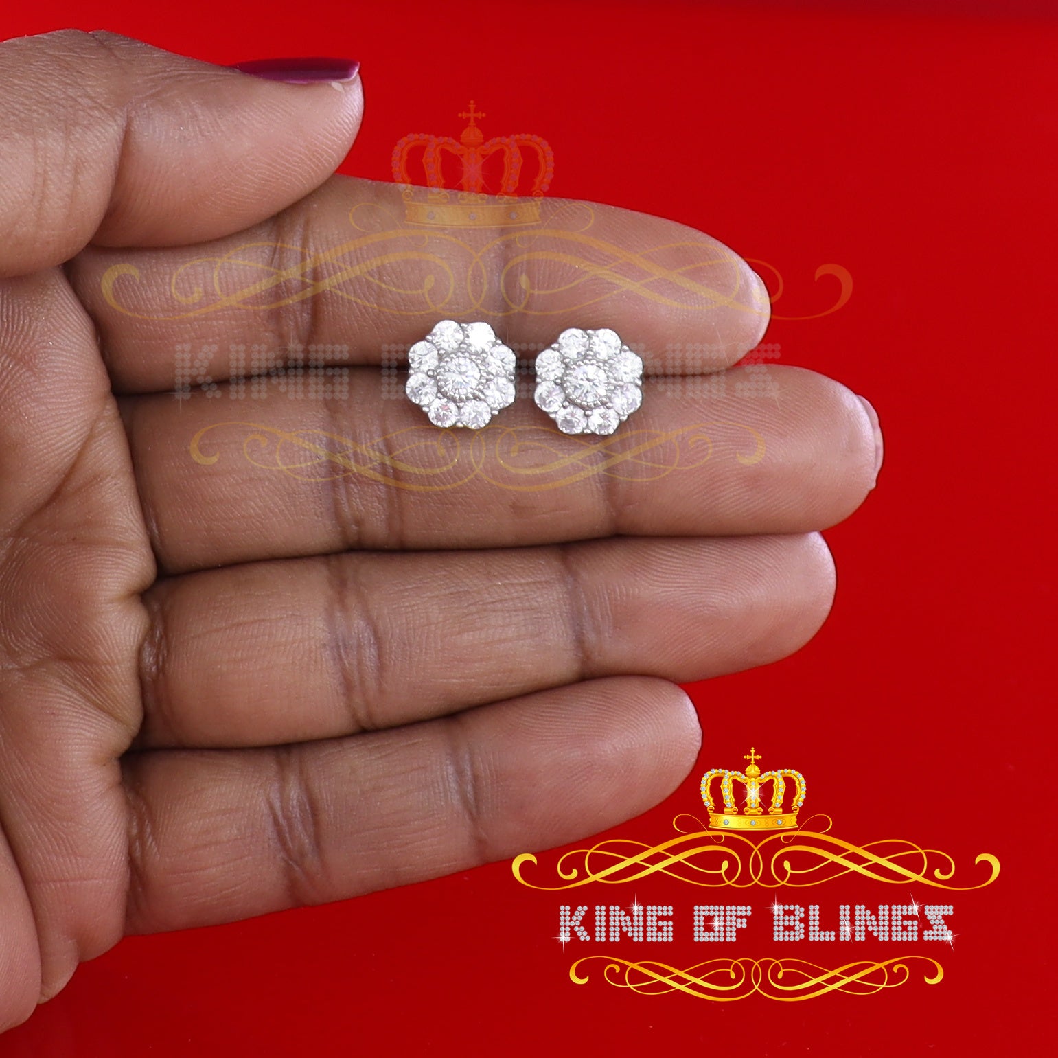 King of Blings- 925 White Sterling Silver 2.88ct Cubic Zirconia Women's Hip Hop Floral Earrings KING OF BLINGS